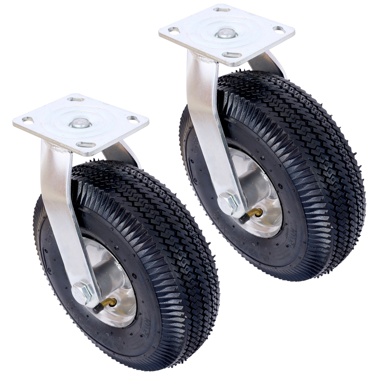 Pair of heavyduty swivel casters with pneumatic tires and silver metal mounting plates