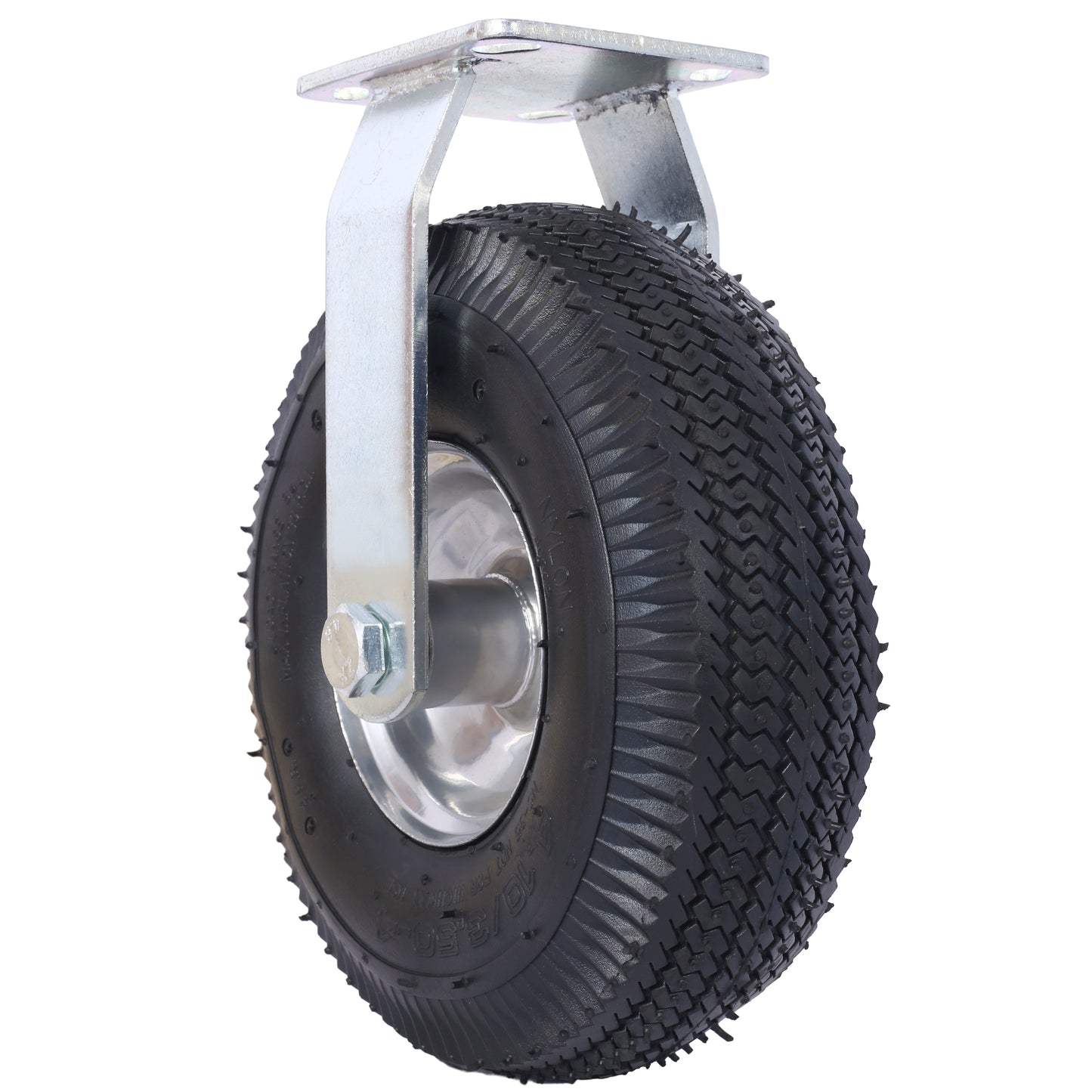Heavyduty caster wheel with black rubber pneumatic tire and galvanized steel mounting plate