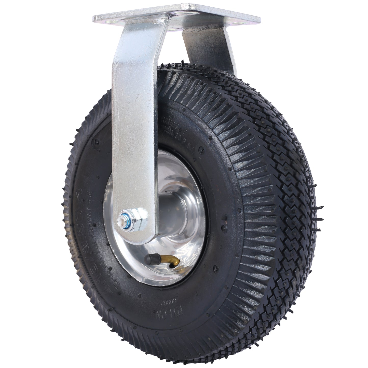 Heavyduty pneumatic caster wheel with a steel mounting plate and a black rubber tire with deep treads