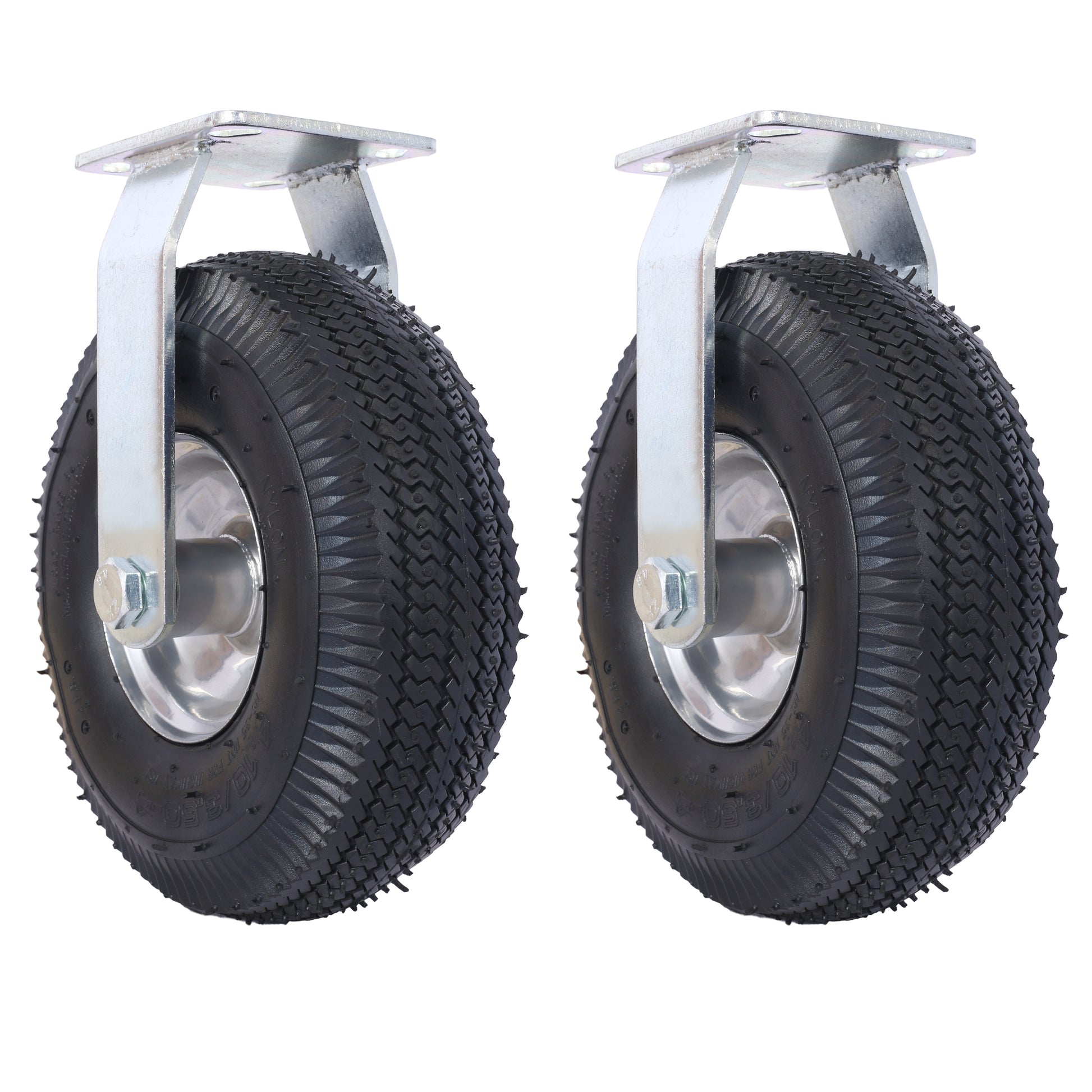 Two heavy duty pneumatic casters with metal brackets and black rubber tires