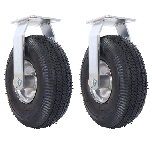 Two heavy duty pneumatic casters with metal brackets and black rubber tires