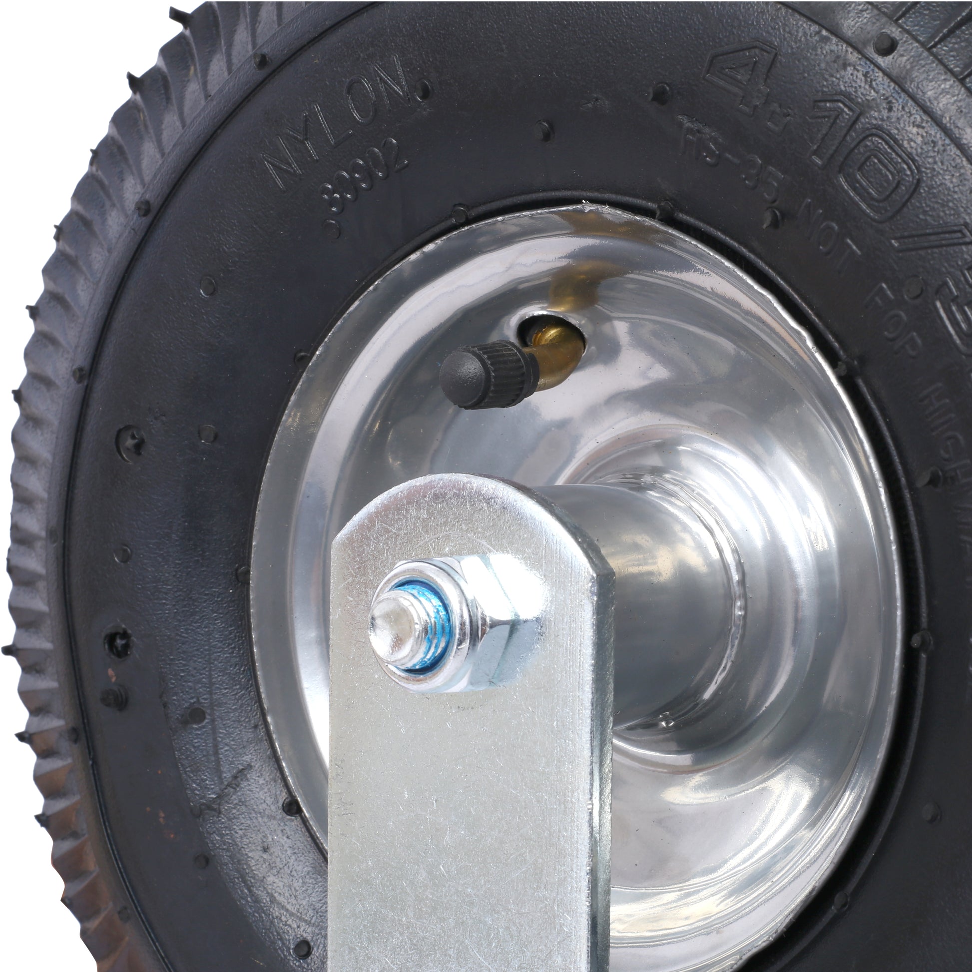 Black pneumatic tire with a silver rim size  ideal for wheelbarrows