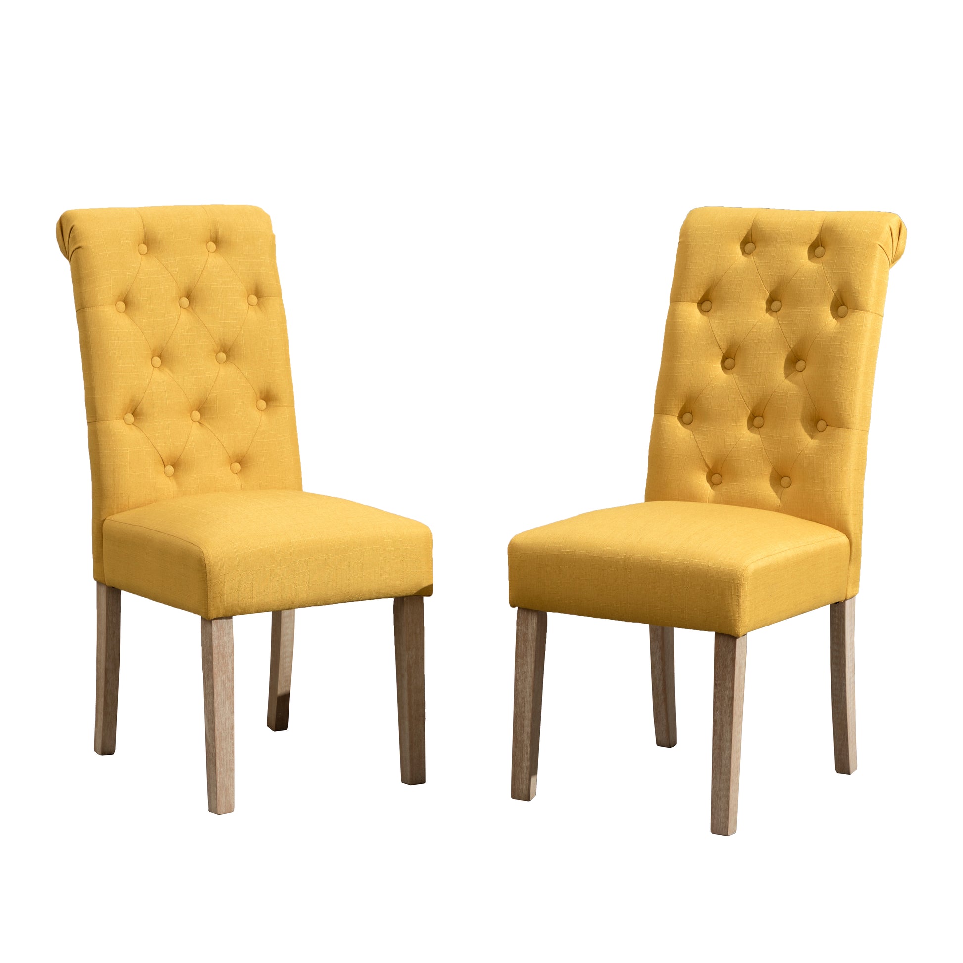 Pair of yellow tufted dining chairs with wooden legs