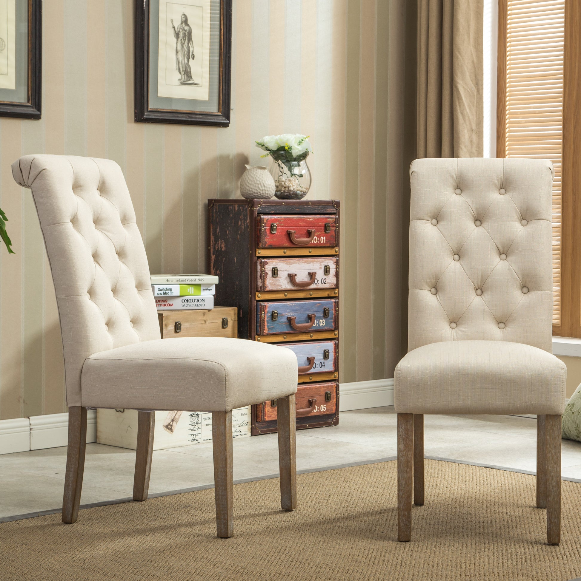 Elegant beige fabric dining chair with button tufting and wooden legs