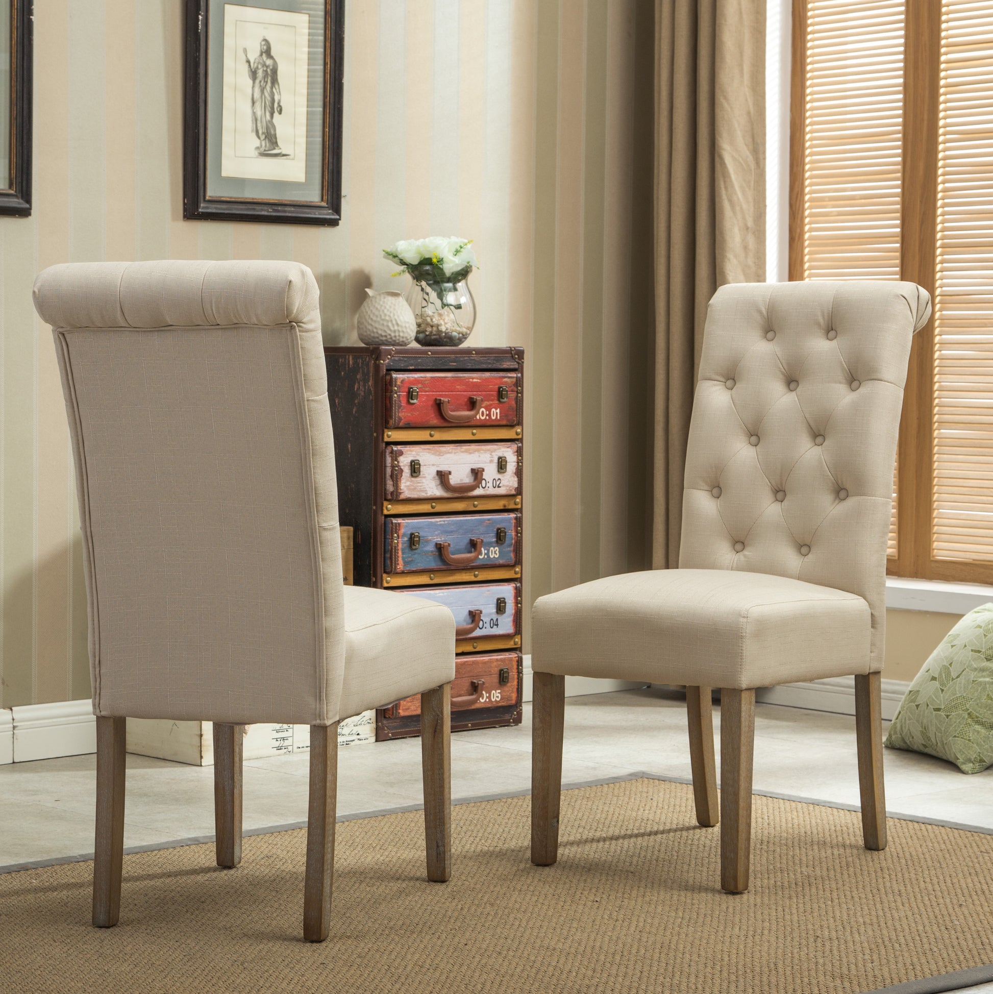 Tufted beige linen dining chair with natural wood legs elegant accent furniture