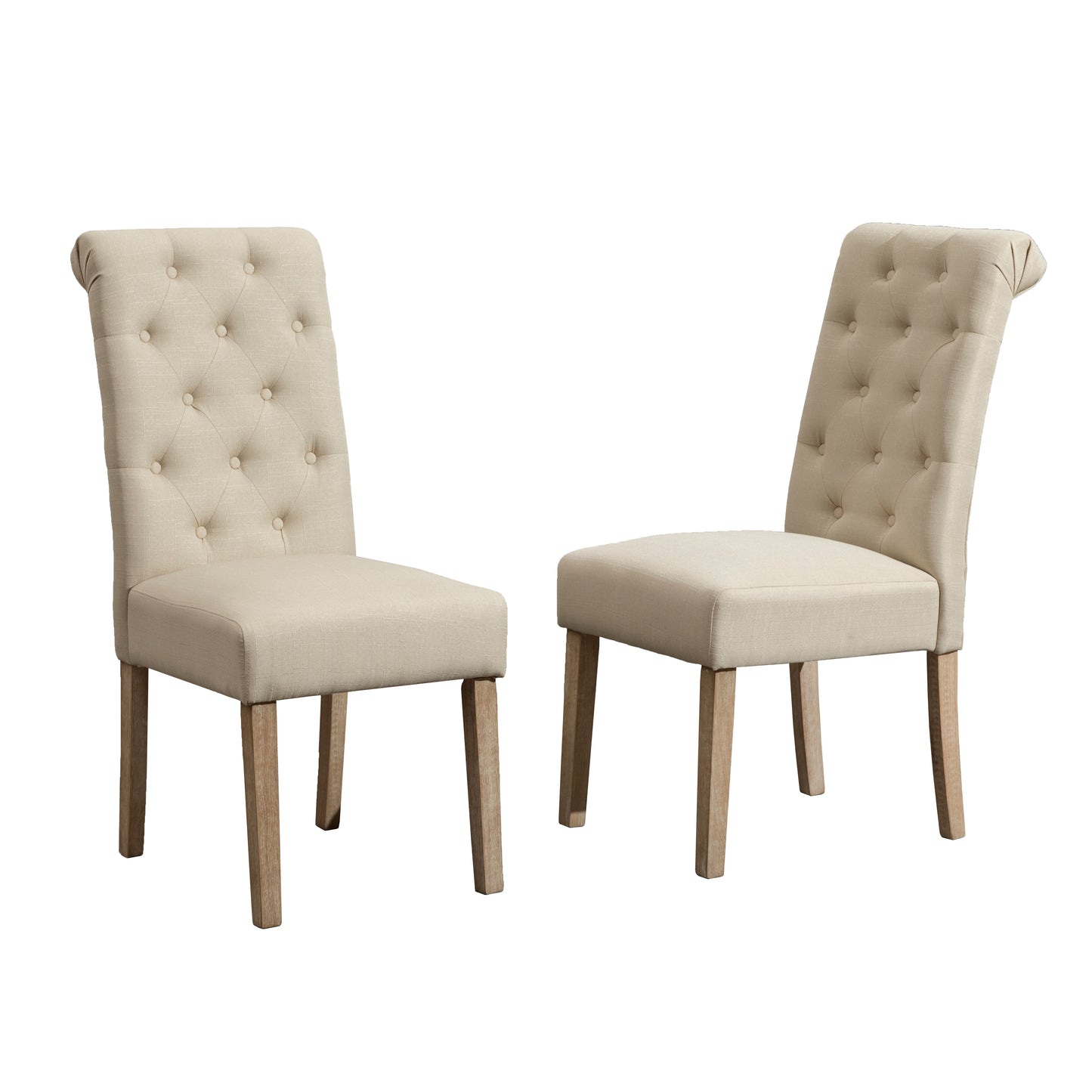 Two beige upholstered dining chairs with tufted backs and light wood legs