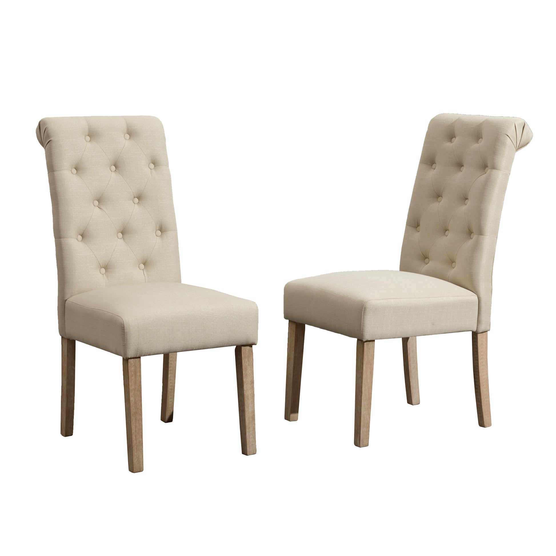 Two beige upholstered dining chairs with tufted backs and light wood legs