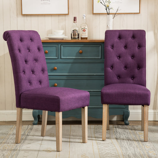 Tufted purple upholstered dining chair with button detailing and natural wood legs
