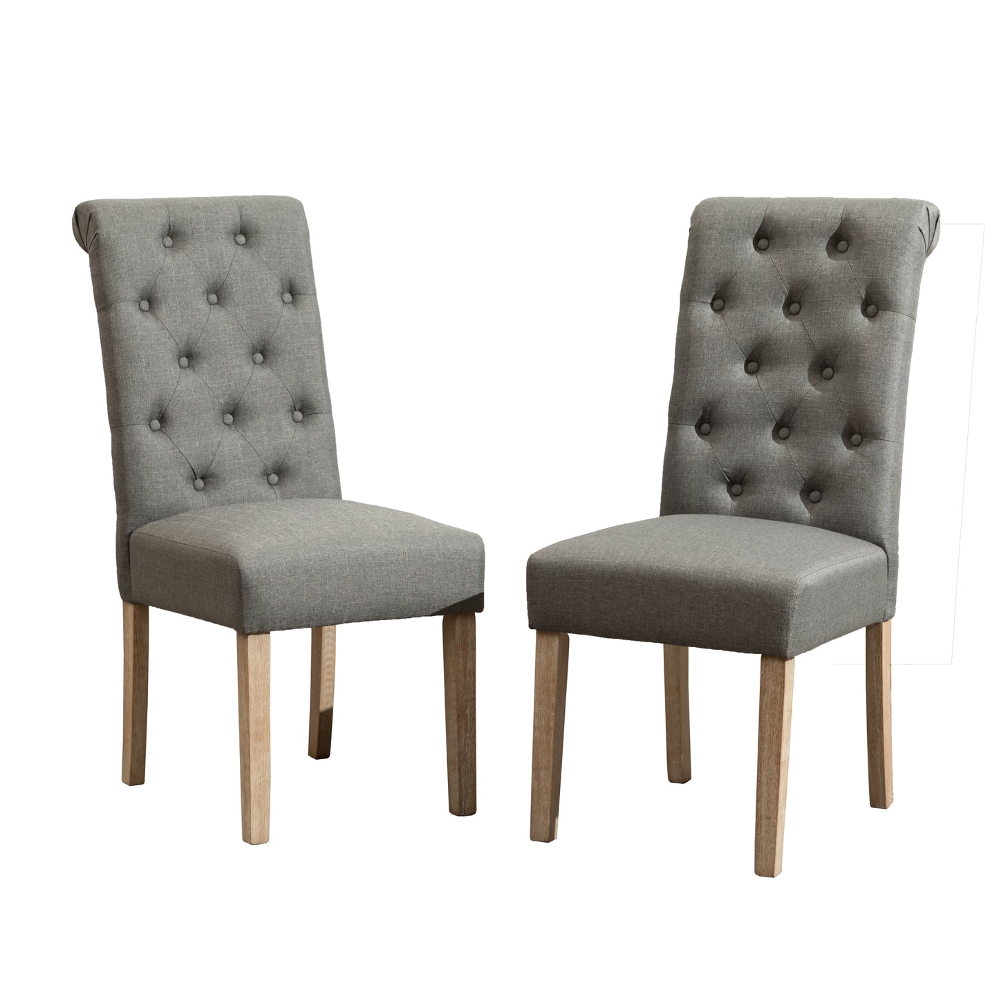 Two grey linen tufted dining chairs with light wood legs