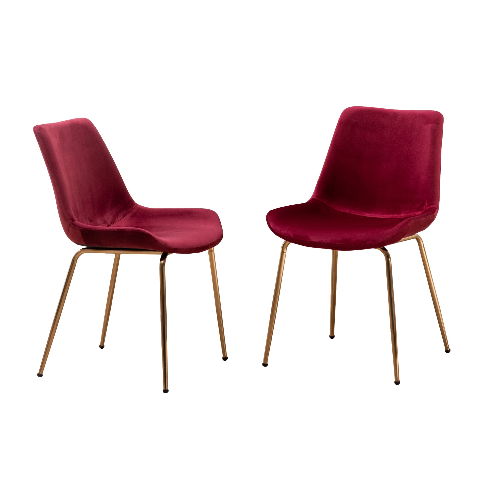 Two plush red velvet dining chairs with gold metal legs perfect for a modern dining room