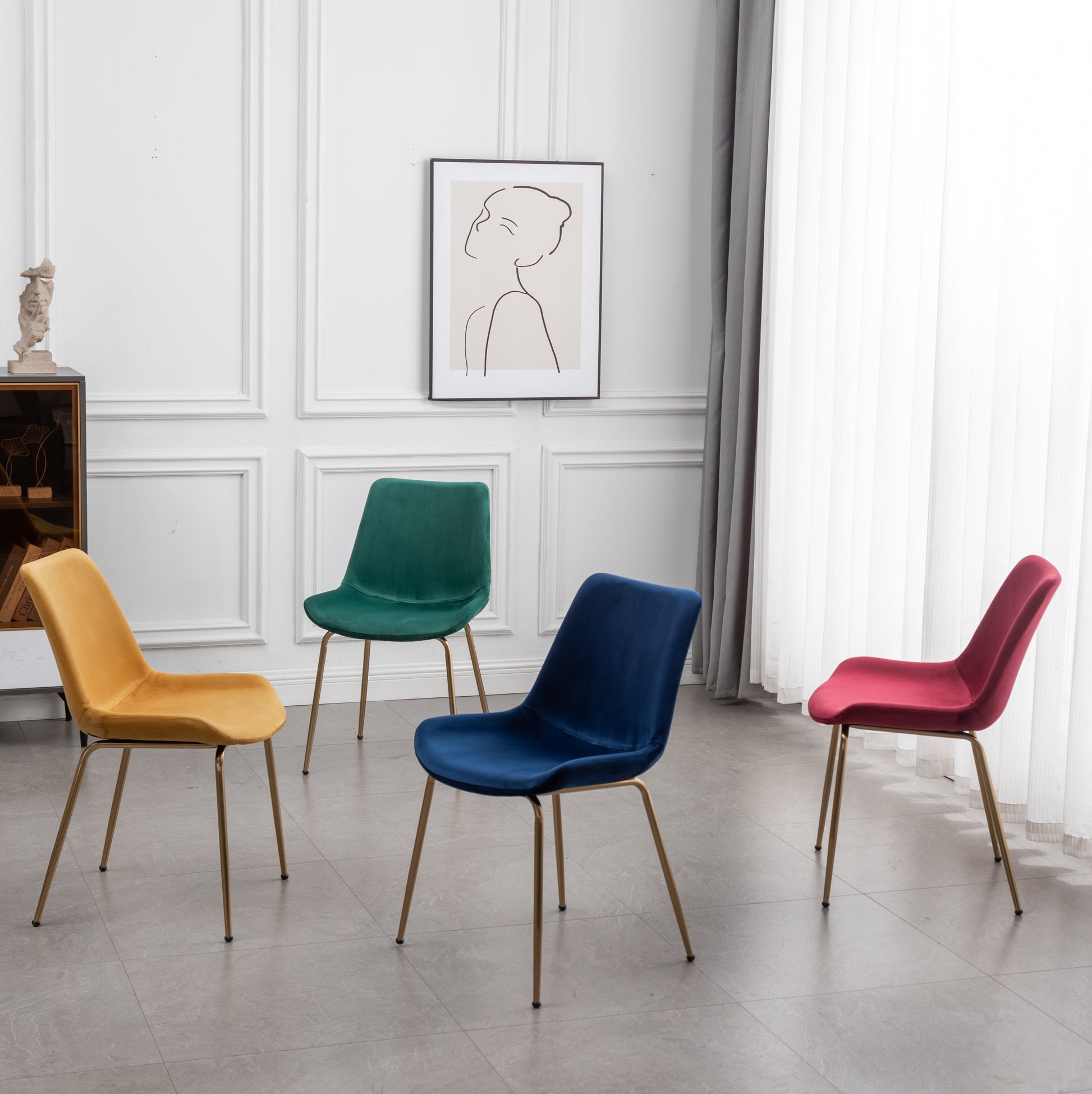 Yellow velvet dining chair with gold legs and minimalist design