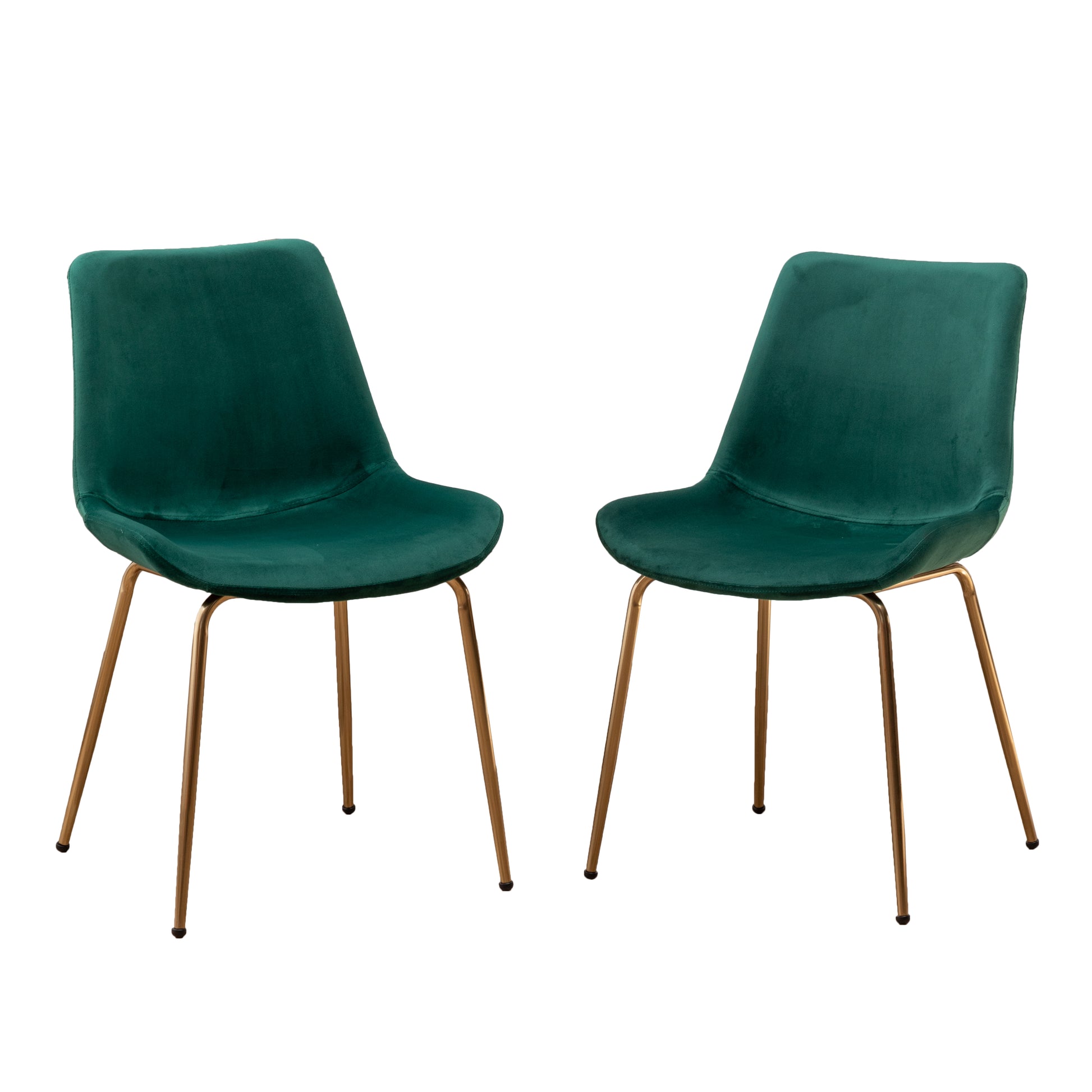 Two plush emerald green velvet chairs with gold tapered legs modern accent dining chair