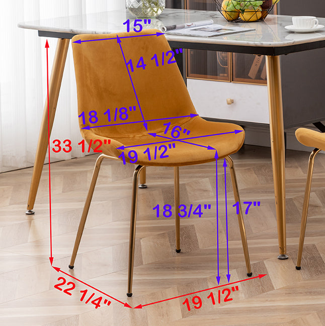Mustard velvet dining chair with gold metal legs and dimensions