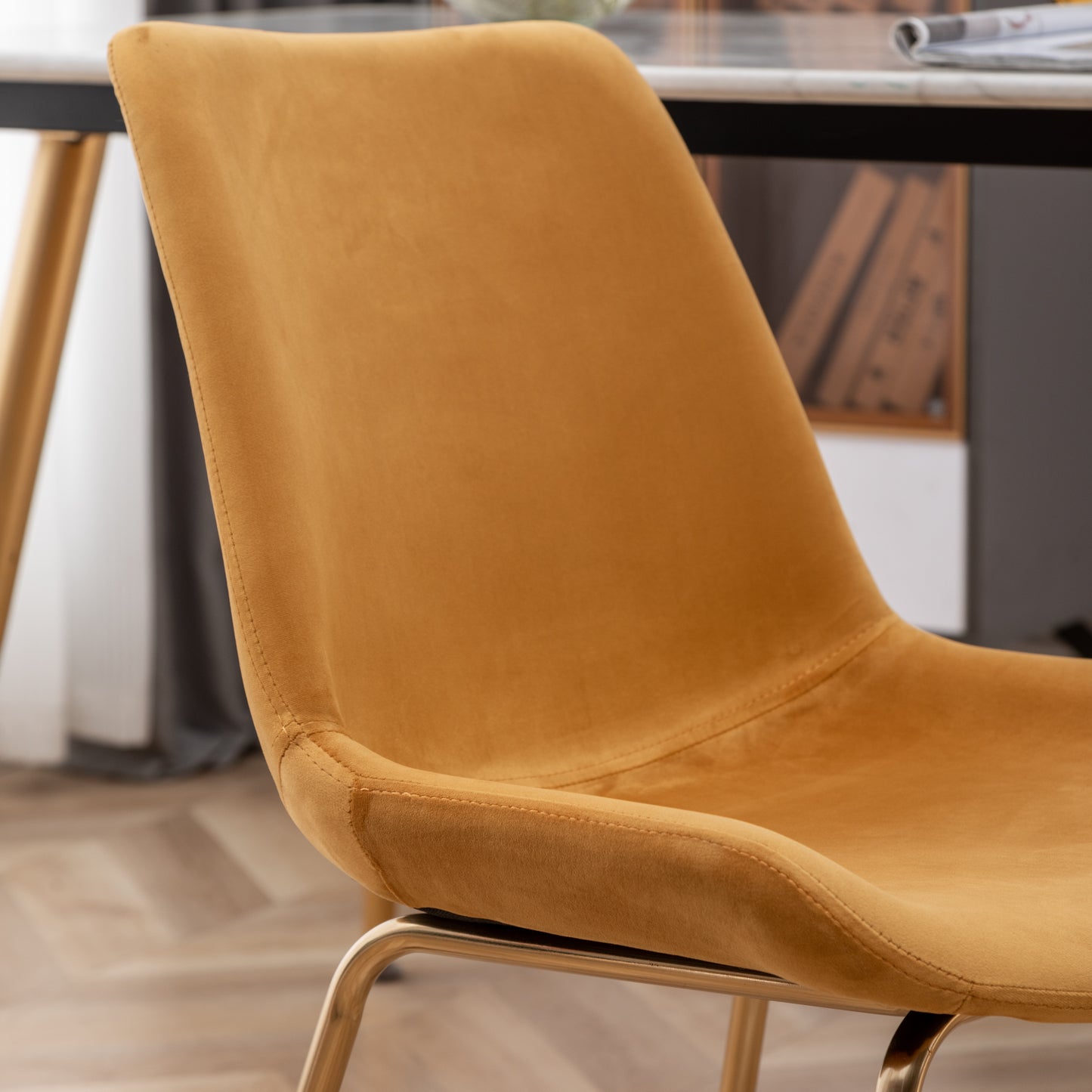Mustard velvet dining chair with gold metal legs modern accent chair