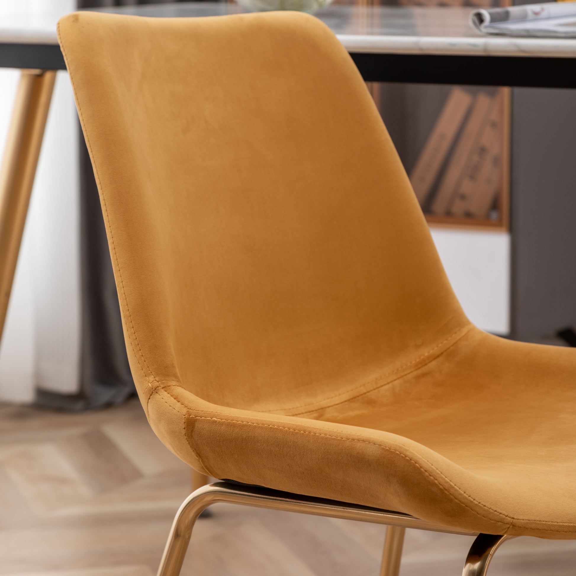 Mustard velvet dining chair with gold metal legs modern accent chair
