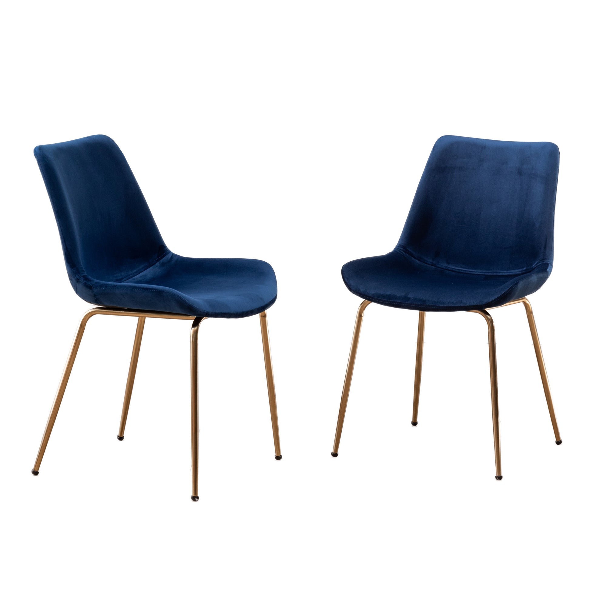 Two navy blue velvet dining chairs with gold metal legs