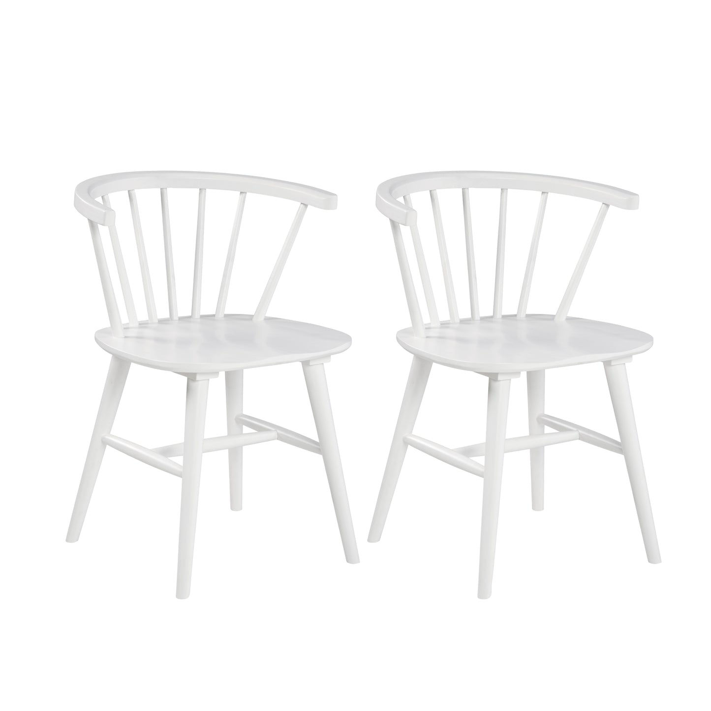 Two white wooden spindleback chairs with curved armrests ideal for dining