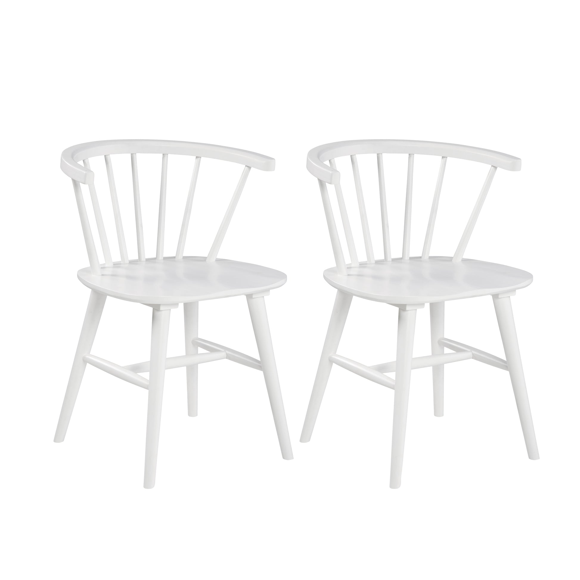 Two white wooden spindleback chairs with curved armrests ideal for dining