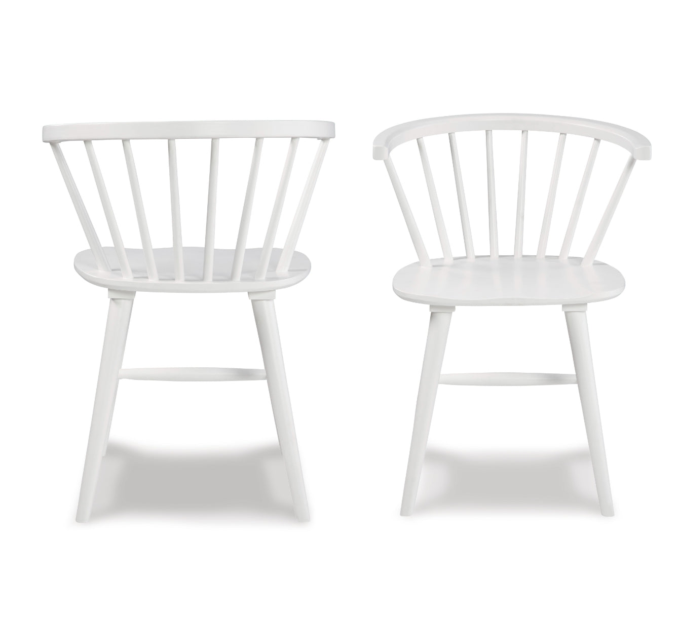 Two white spindle back dining chairs with wooden legs