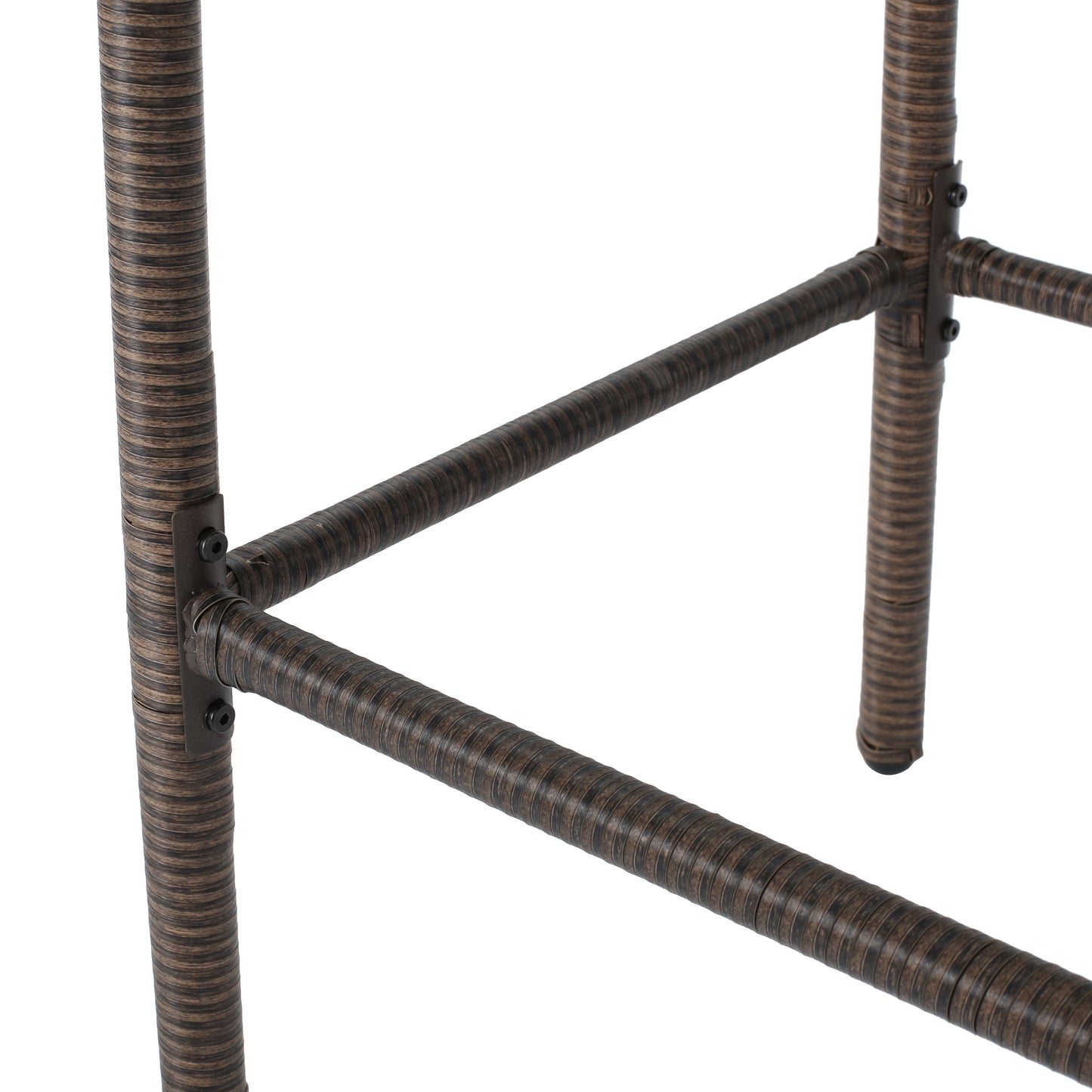 Dark brown rattan weave on outdoor furniture legs and support bars