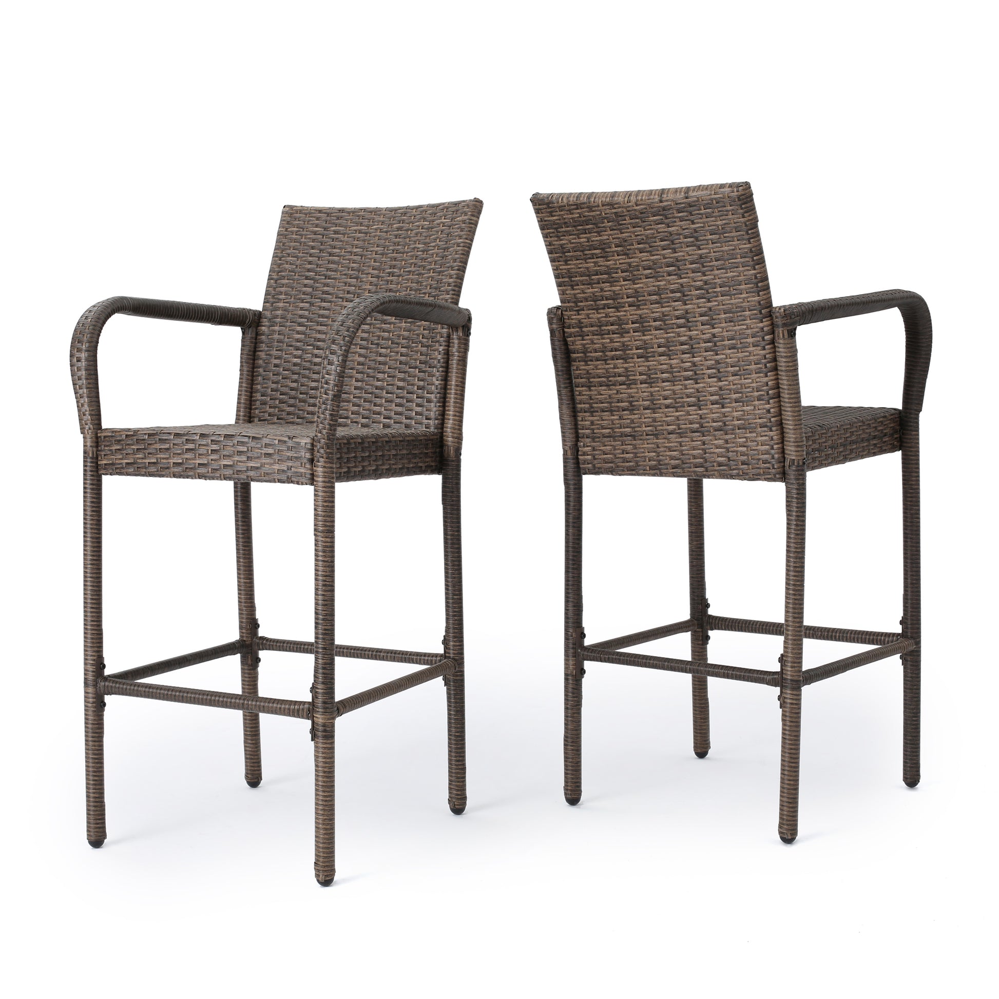 Brown wicker bar stool with armrests on white background two angles