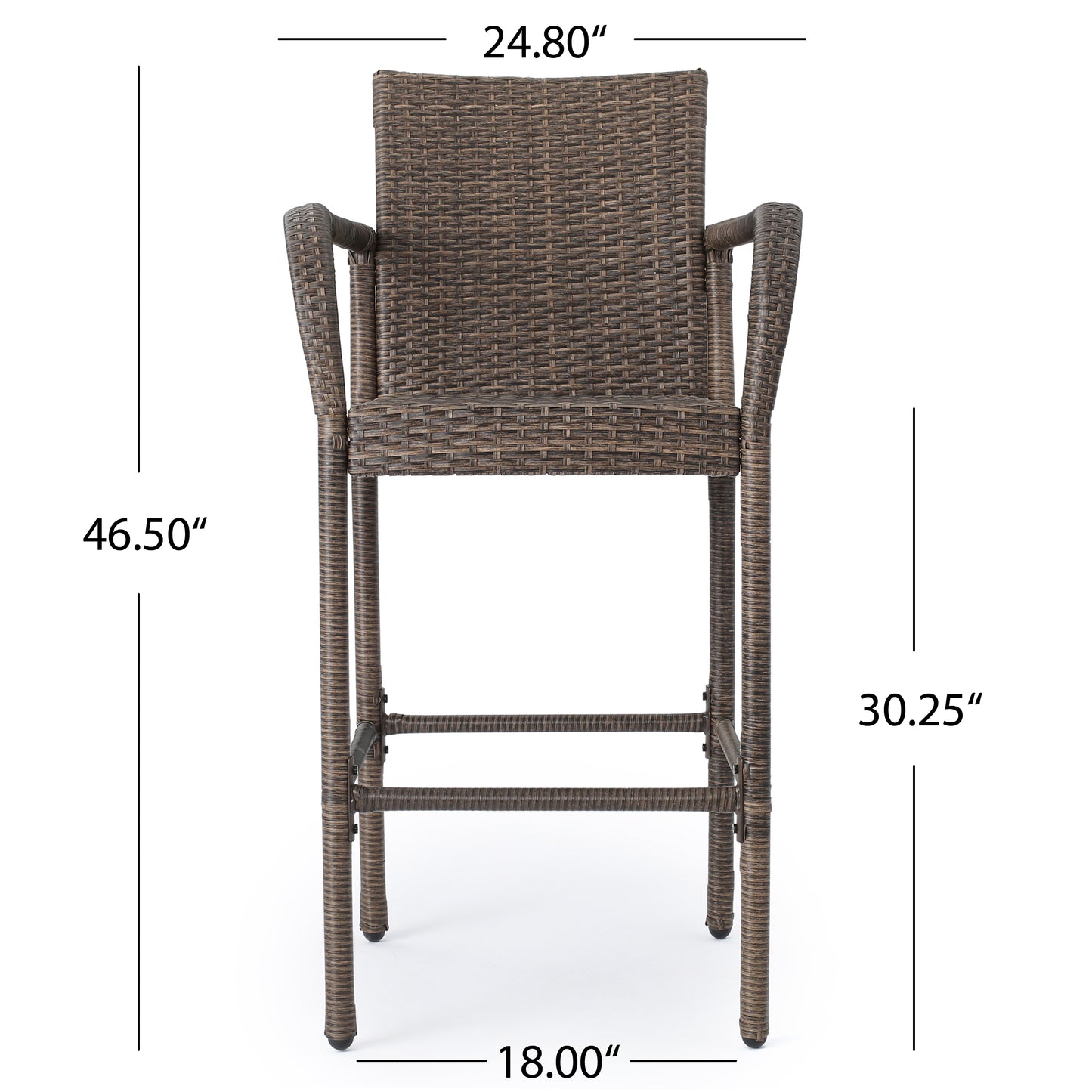 Brown wicker bar stool with armrests perfect for outdoor seating