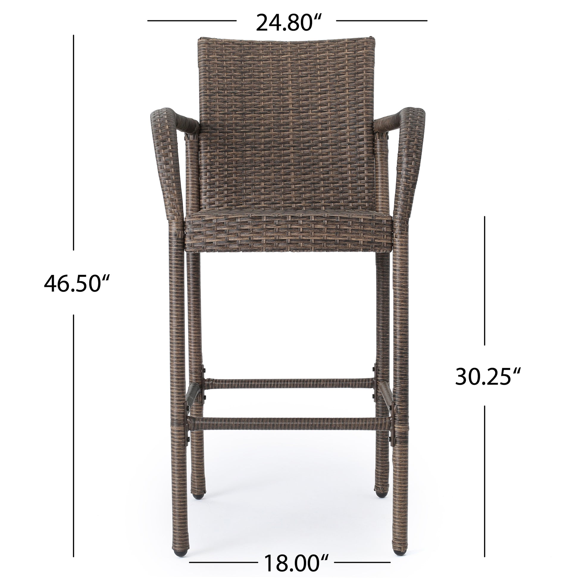 Brown wicker bar stool with armrests perfect for outdoor seating