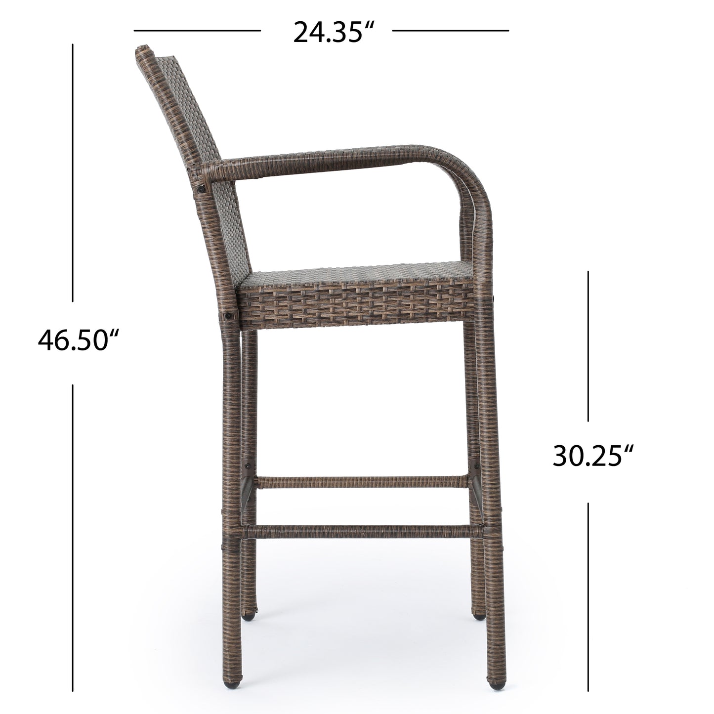 Brown wicker bar stool with arms  tall ideal for patio seating