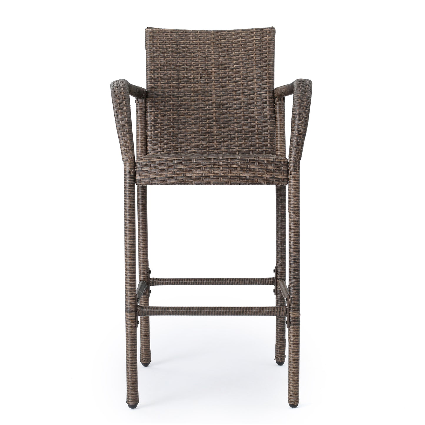 Brown wicker bar stool with armrests perfect for outdoor entertaining