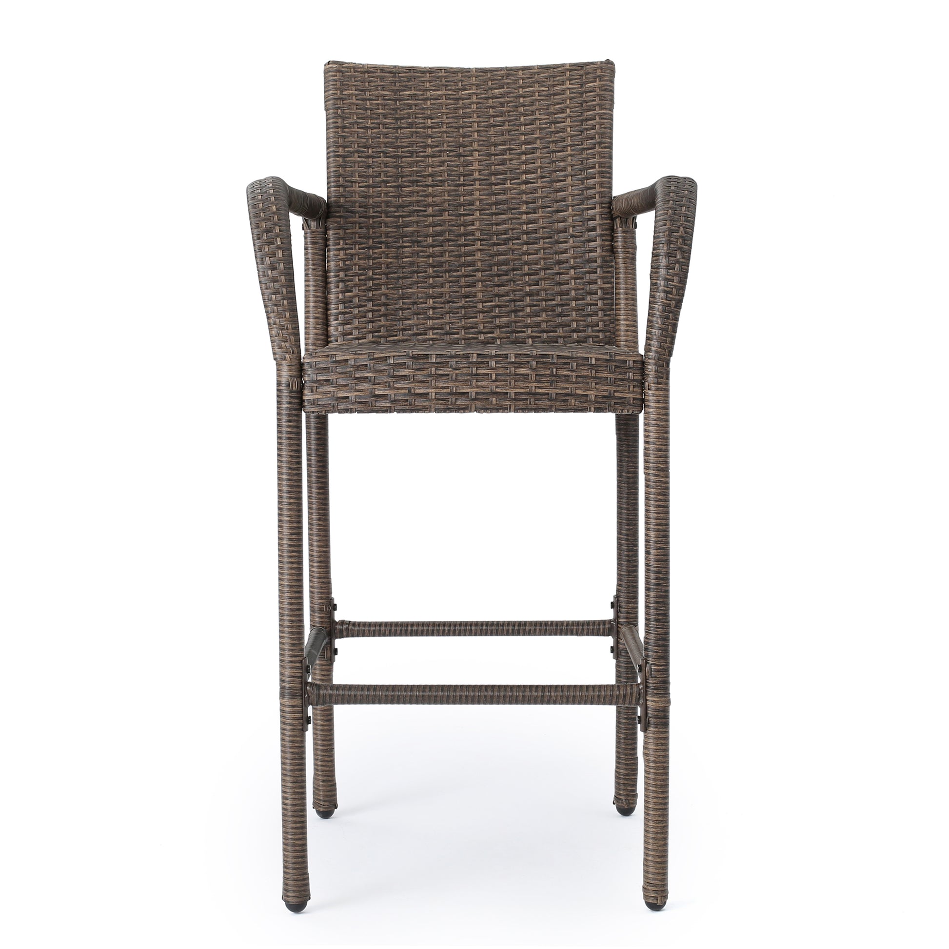 Brown wicker bar stool with armrests perfect for outdoor entertaining