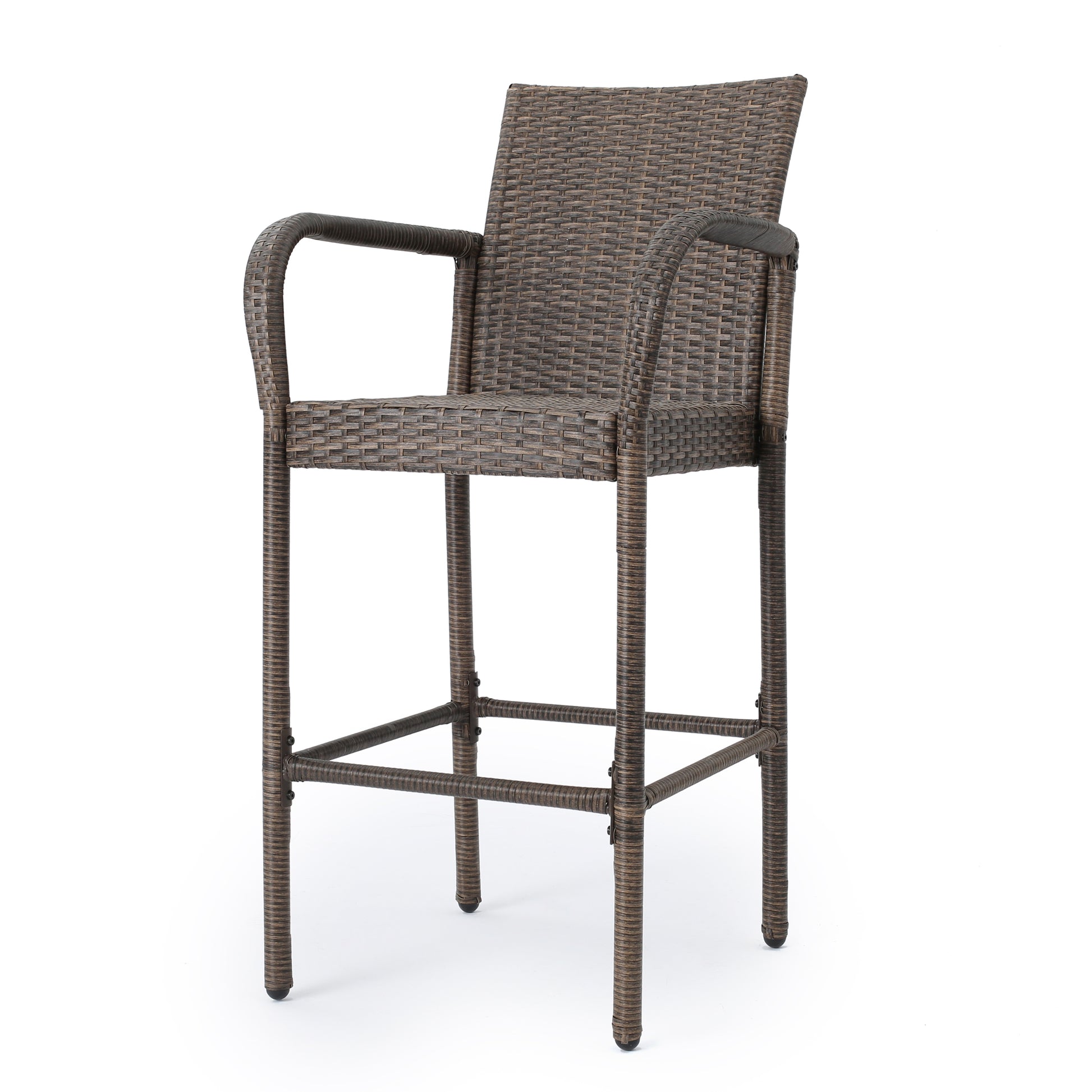 Brown wicker bar stool with armrests perfect for outdoor patios