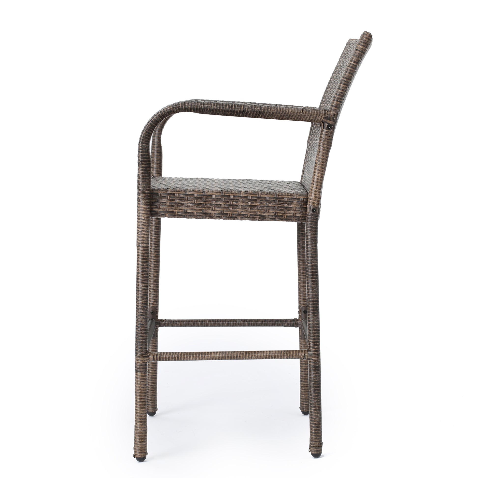Brown wicker bar stool with armrests perfect for patio seating