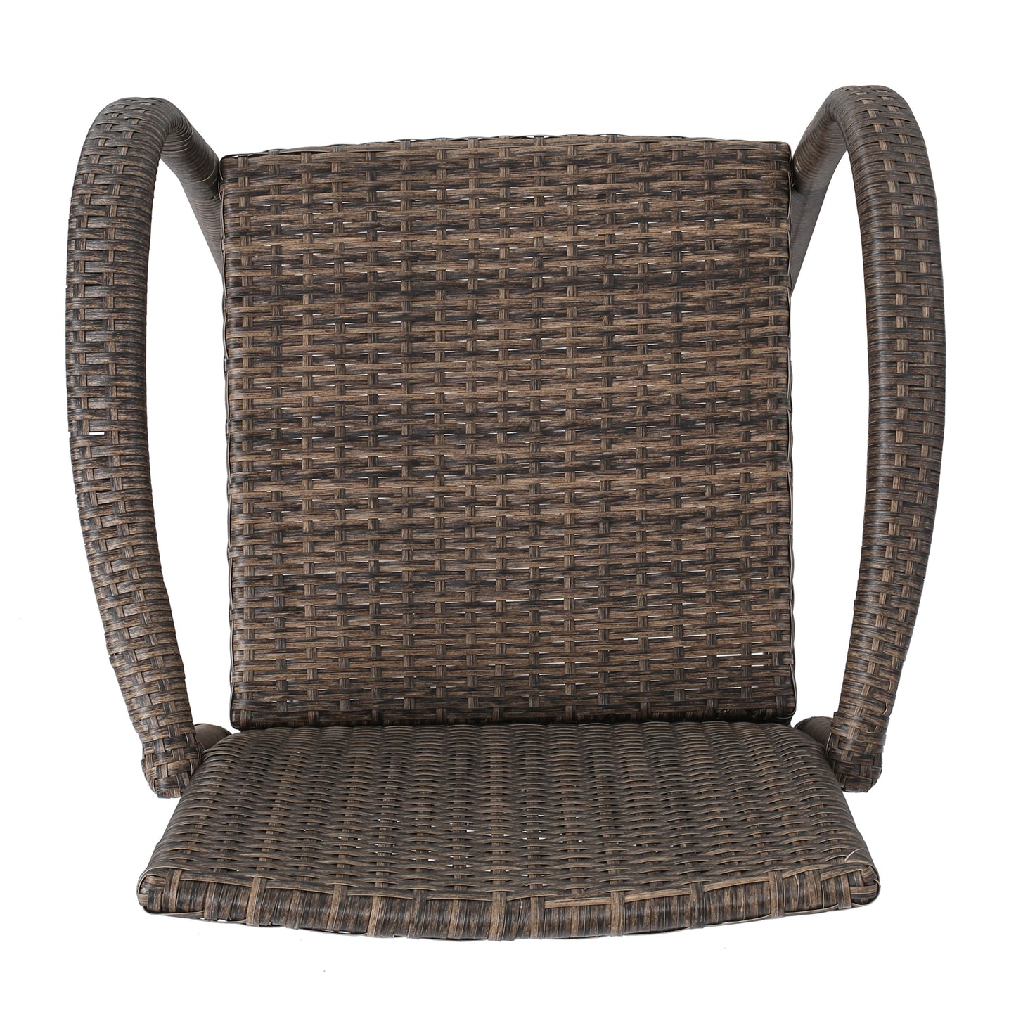 Closeup of a brown woven wicker chair seat with curved armrests
