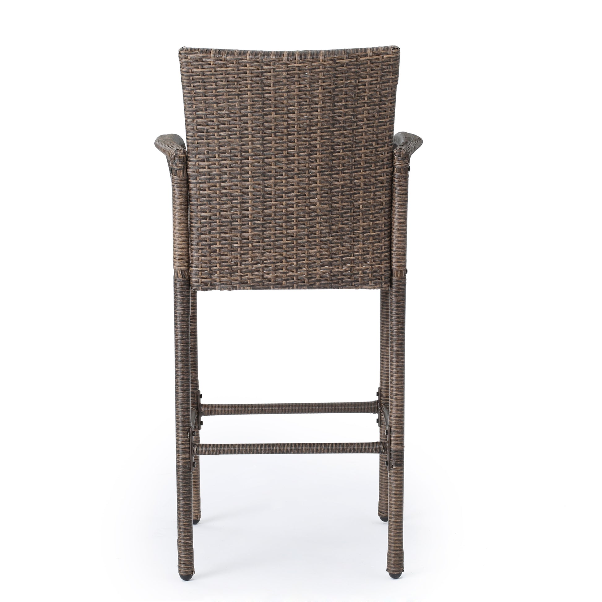 Brown wicker bar stool with woven back and arms ideal for outdoor patios