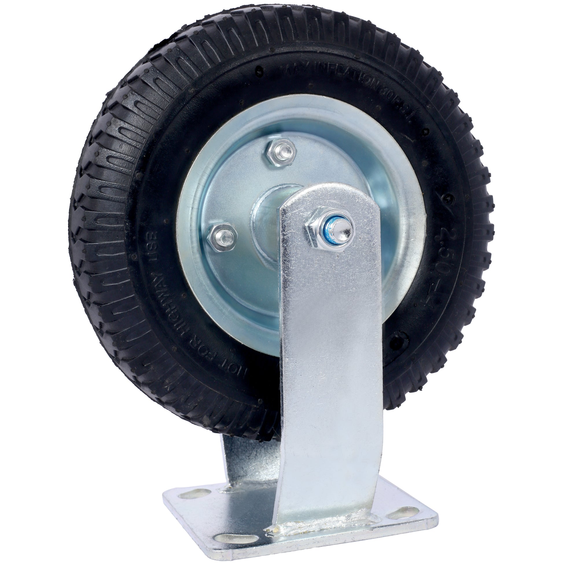Heavy duty pneumatic caster wheel with black tire and galvanized steel mounting plate