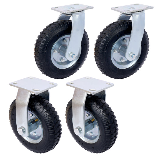 Four heavyduty pneumatic caster wheels with zincplated swivel brackets