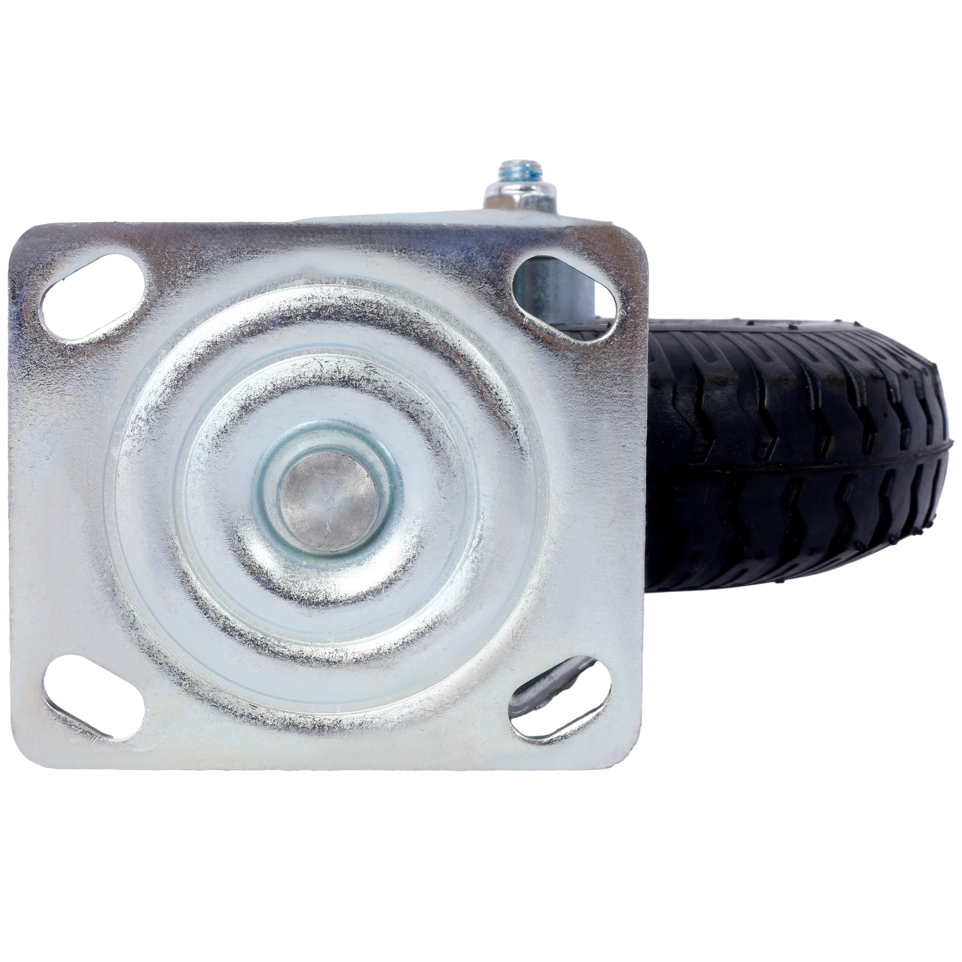 Heavy duty swivel caster with black rubber tire and galvanized steel mounting plate