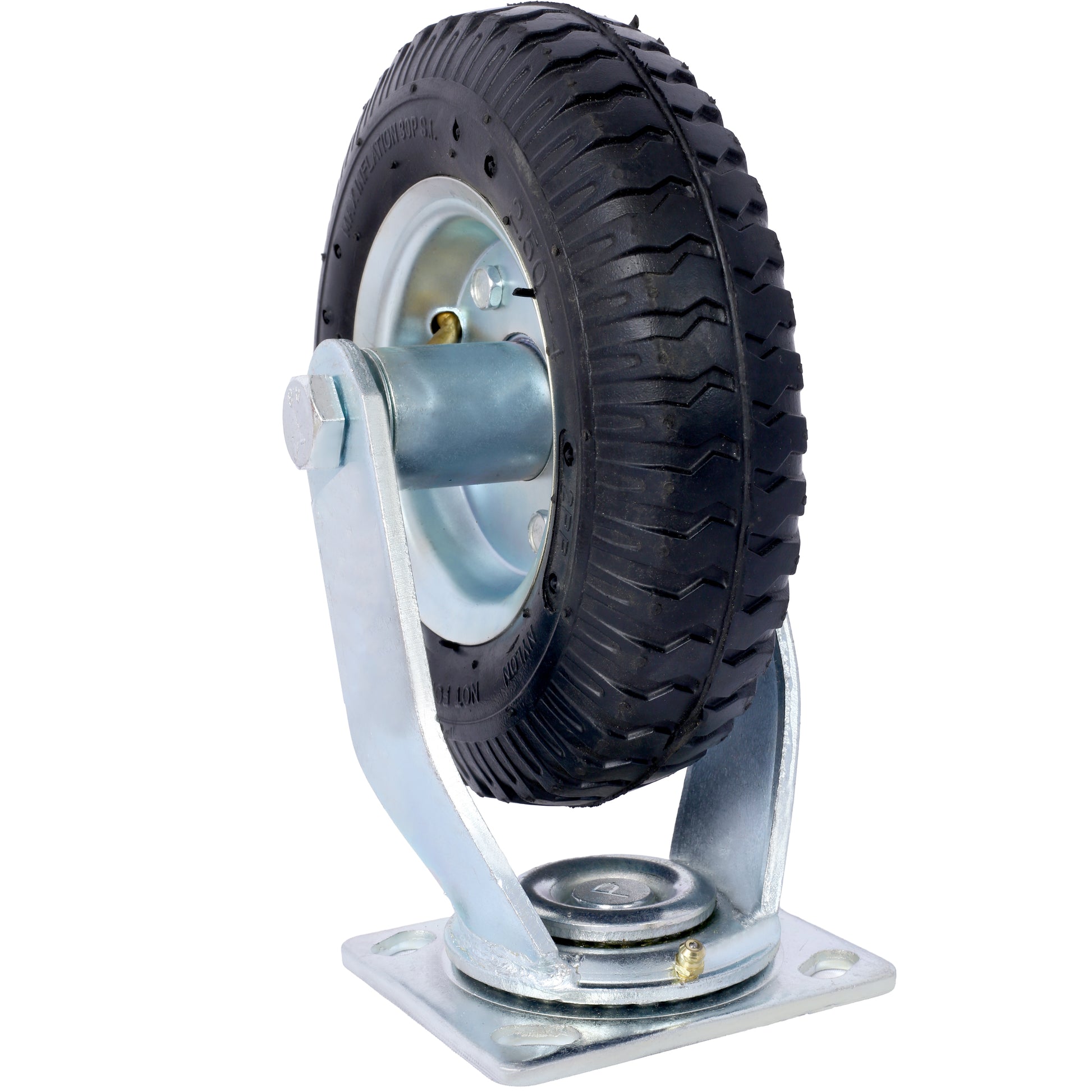 Heavyduty pneumatic caster wheel with robust rubber tire and zincplated steel mount