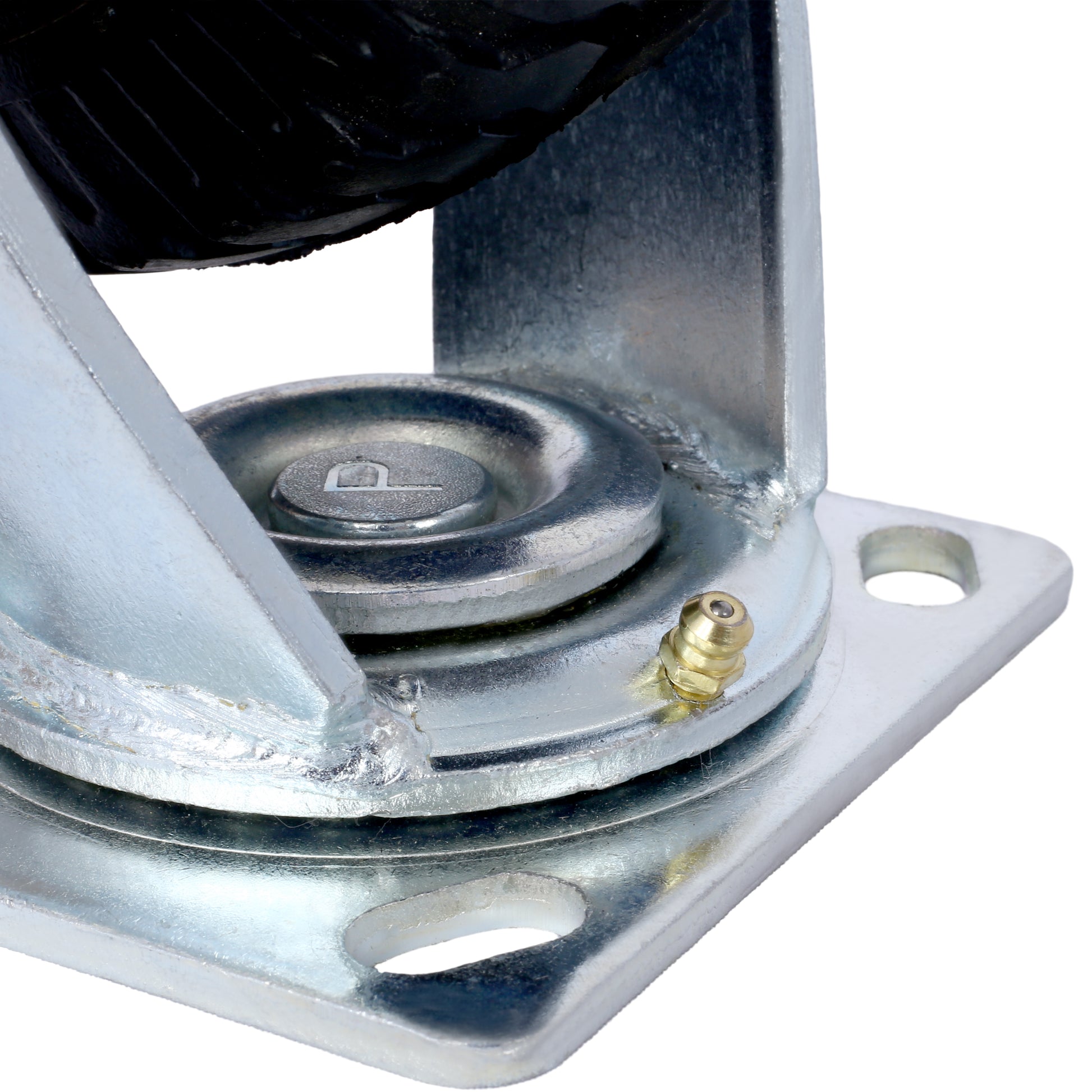Heavyduty swivel caster with black rubber wheel and zincplated steel mounting plate