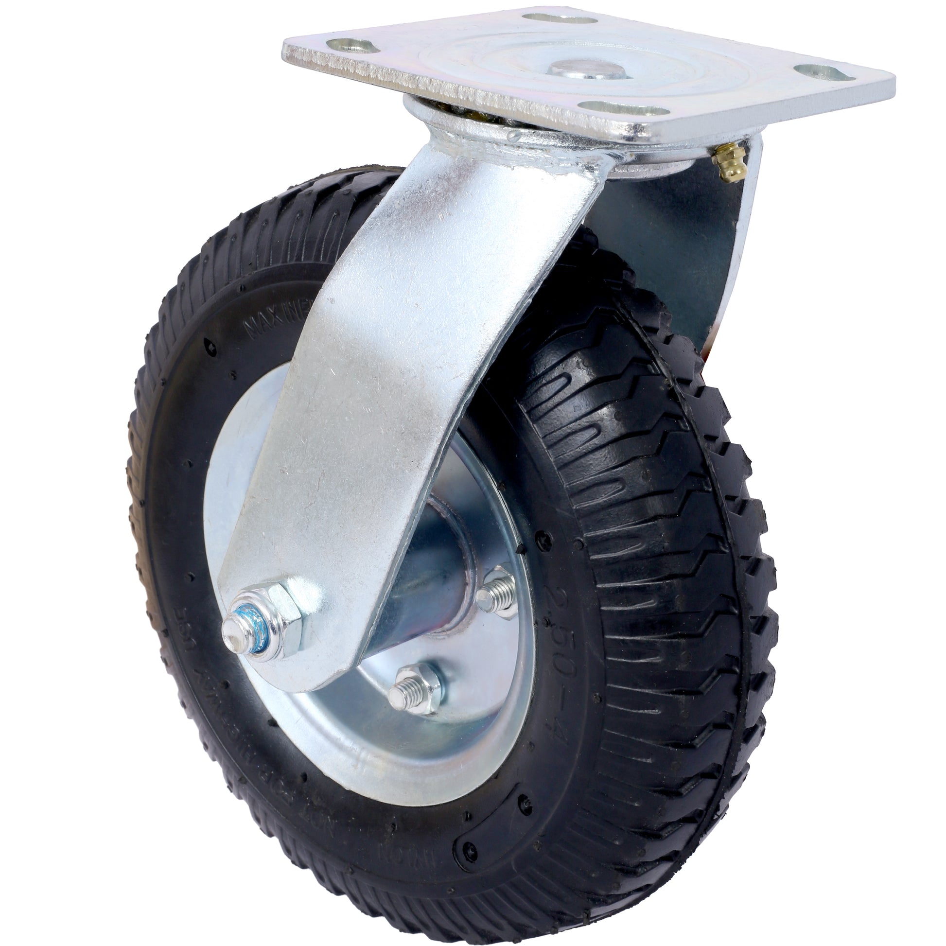 Heavyduty swivel caster with pneumatic tire and zincplated steel construction