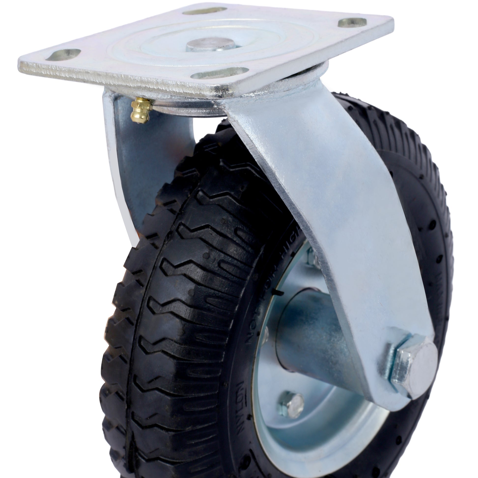 Heavy duty swivel caster with a zincplated steel mounting plate and black pneumatic tire