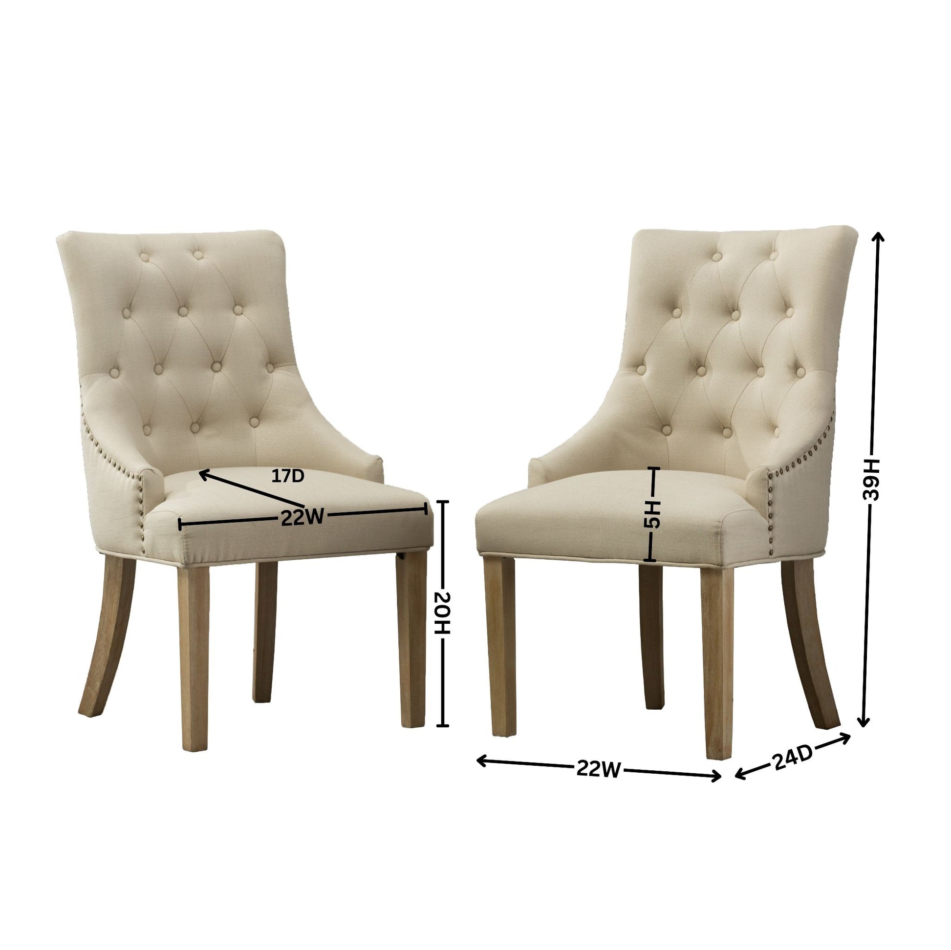 Tufted beige fabric dining chair with nailhead trim and wooden legs W x D