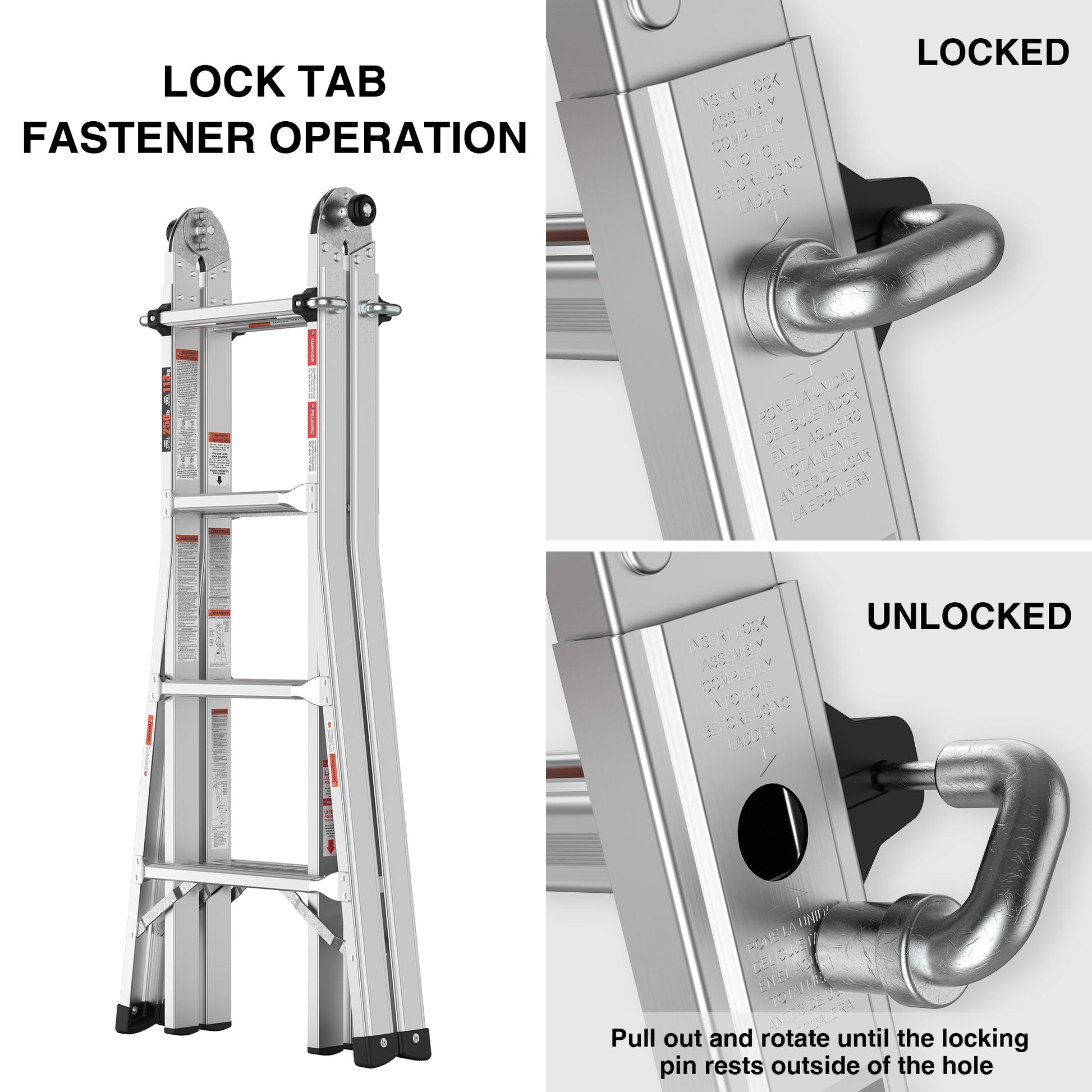 Silver aluminum multiposition ladder with locked fastener tab engaged for safety
