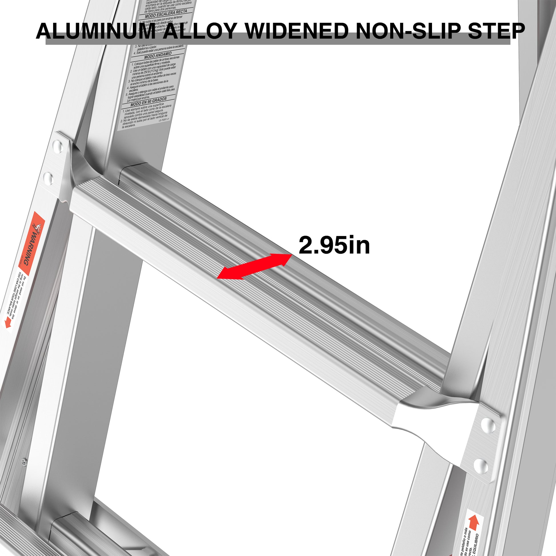 Closeup of a wide aluminum ladder step  inches wide for secure footing