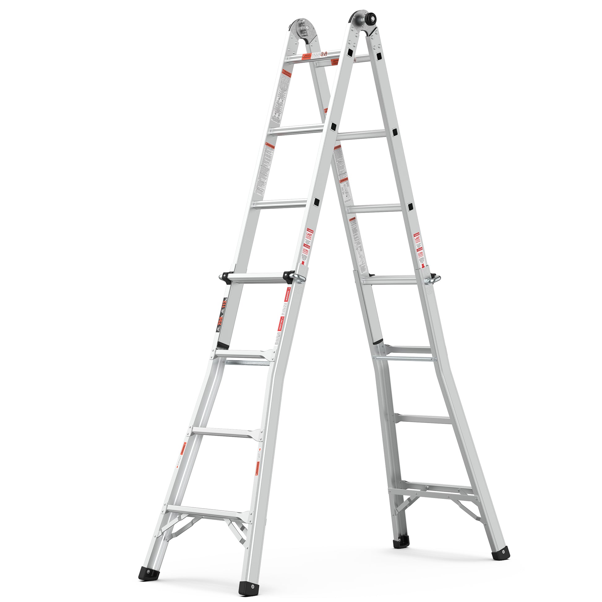 Silver aluminum multipurpose Aframe ladder with wide rungs for stability