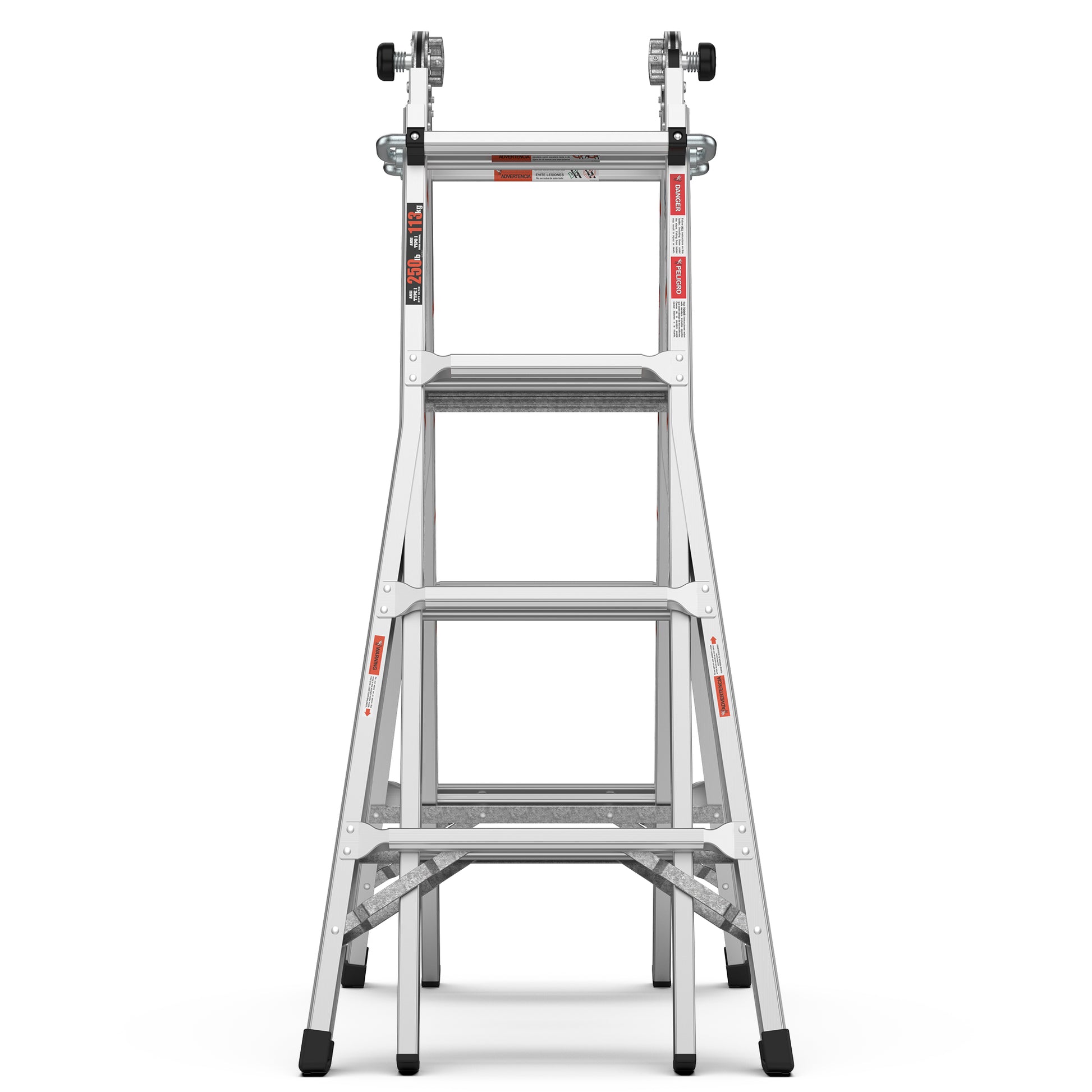 Silver aluminum step ladder with two wide steps and sturdy safety rails for home use