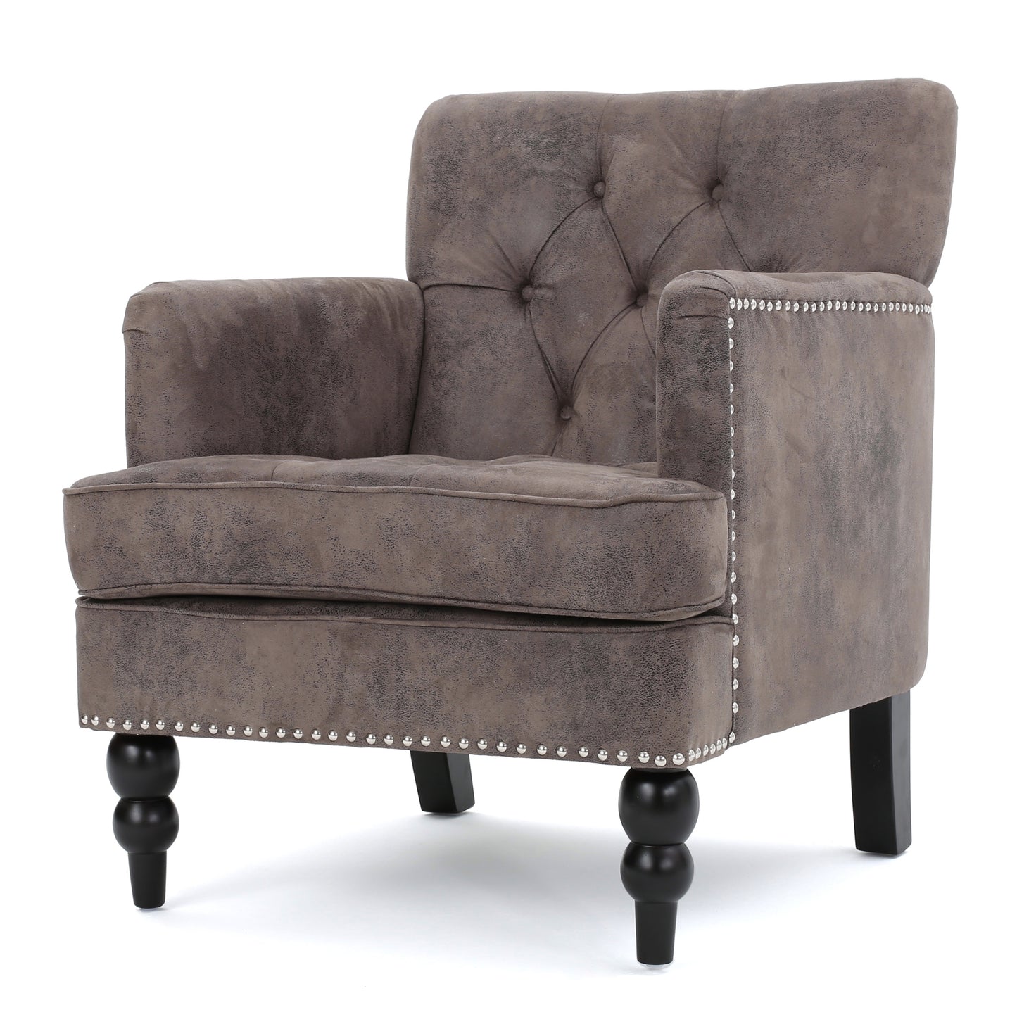 Tufted brown faux leather armchair with decorative nailhead trim and turned front legs