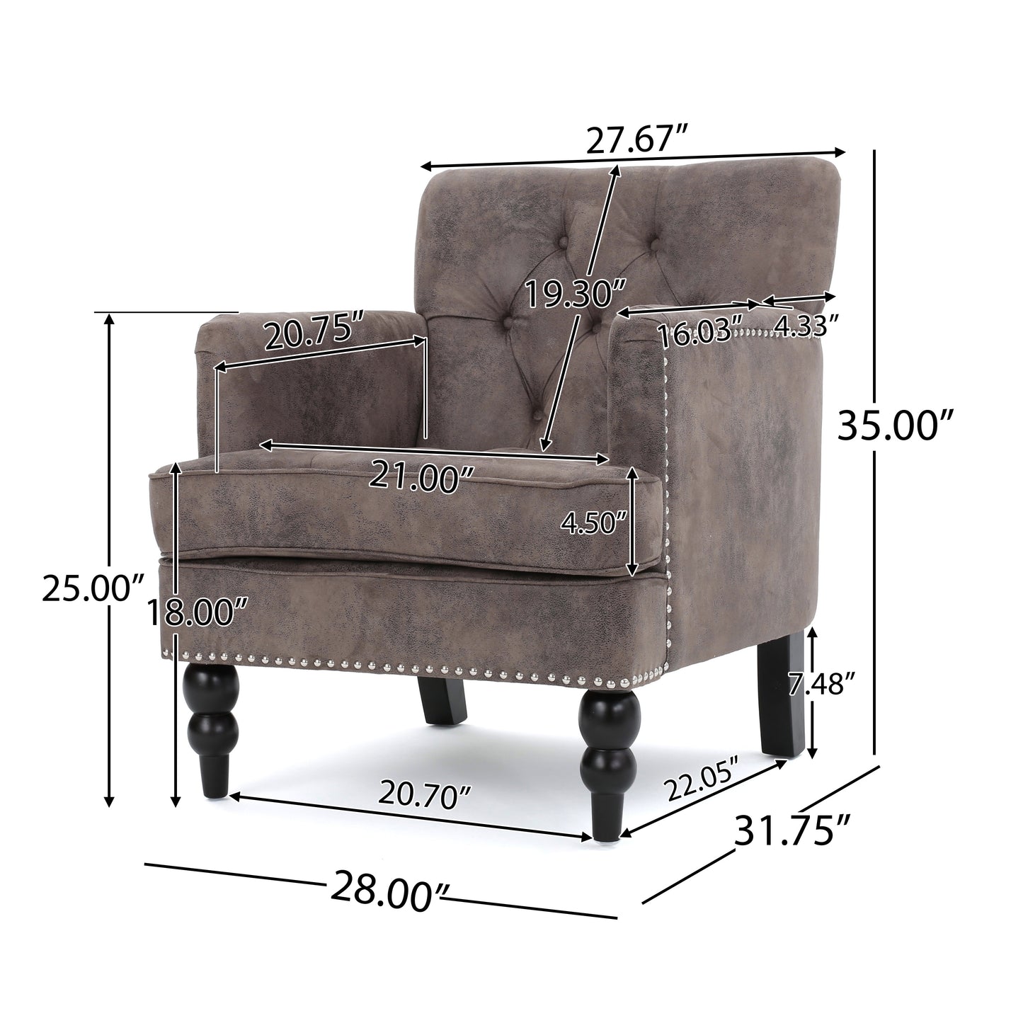 Brown tufted armchair with nailhead trim and dark wooden legs