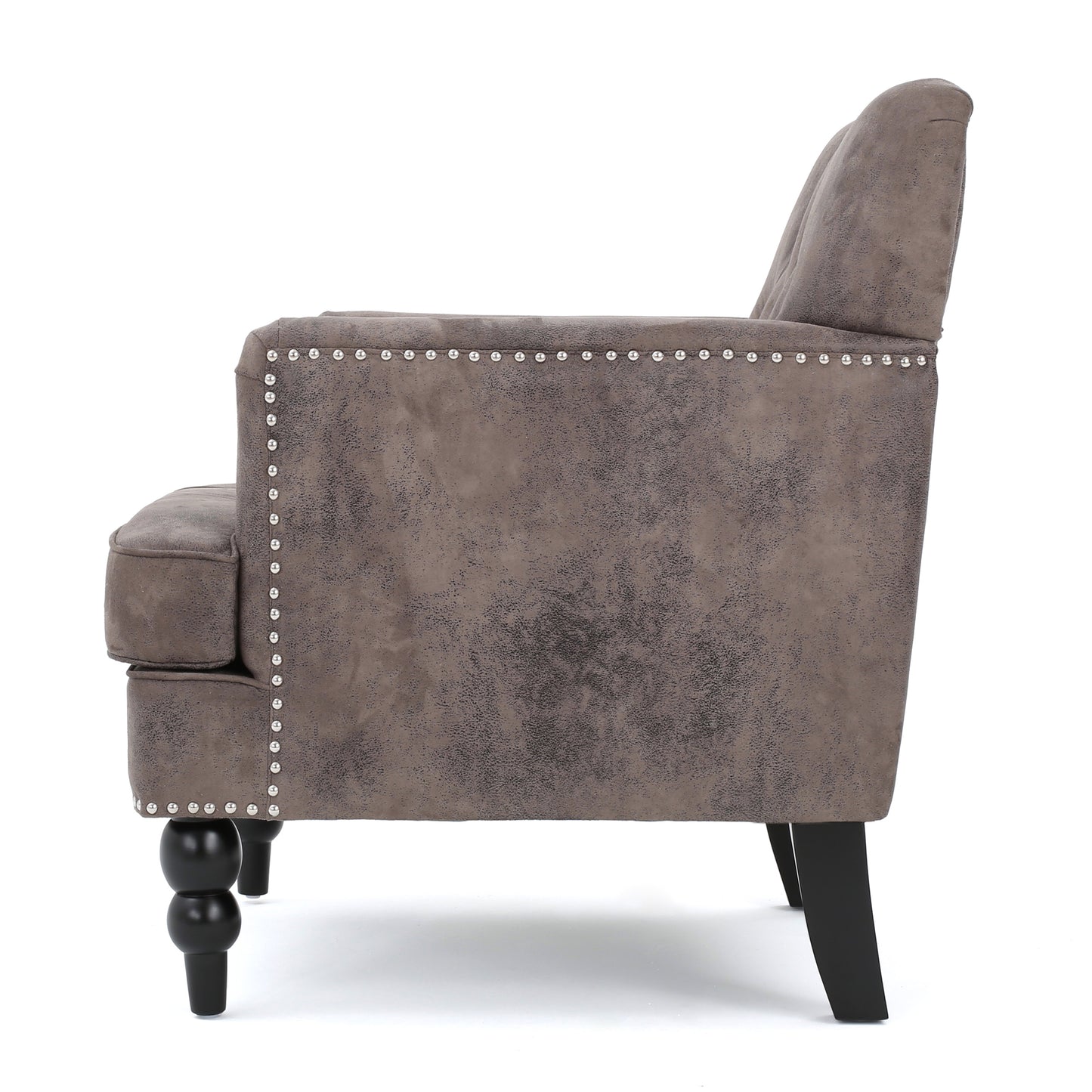 Taupe distressed velvet armchair with silver nailhead trim and turned legs