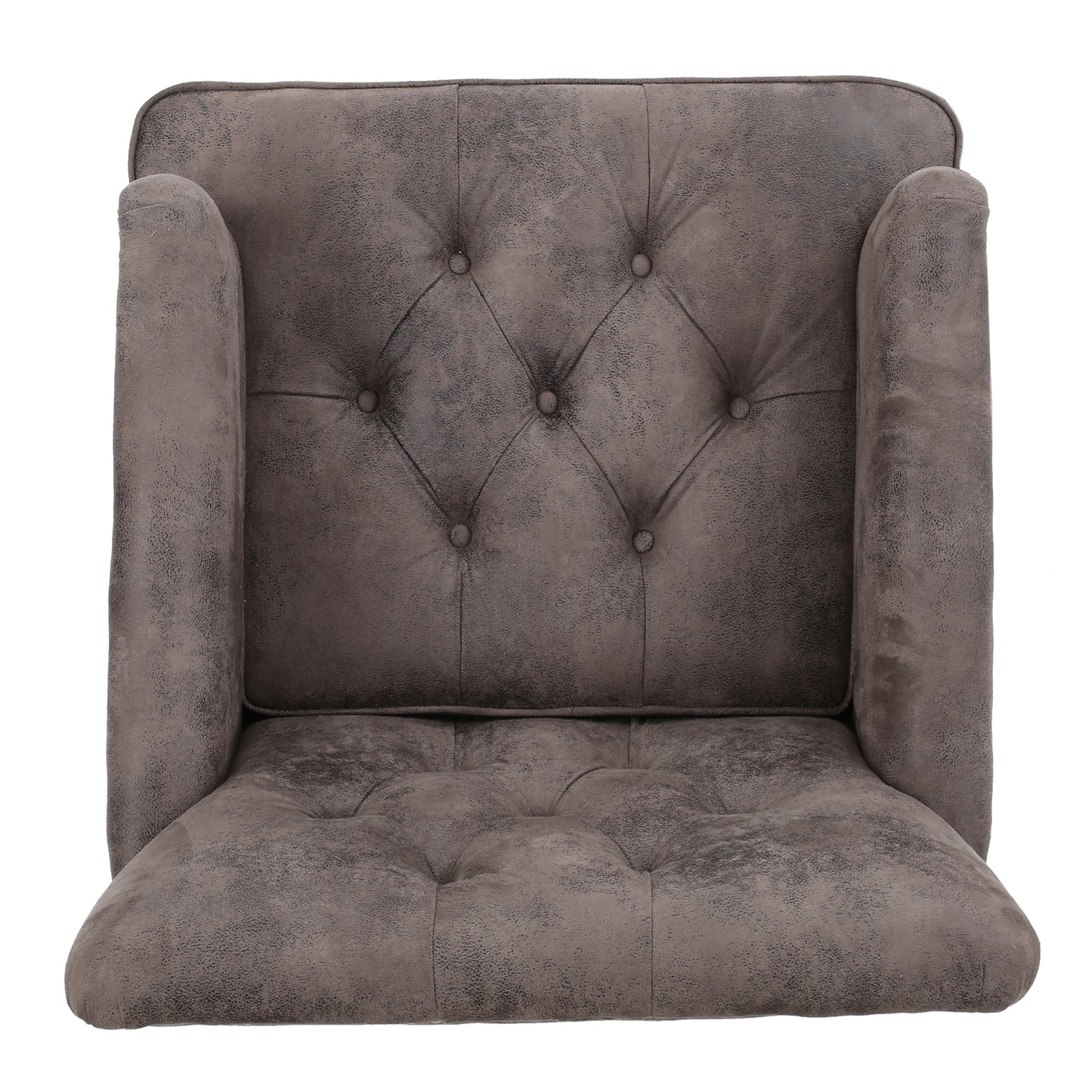 Tufted brown faux leather accent chair with diamond stitching on the backrest